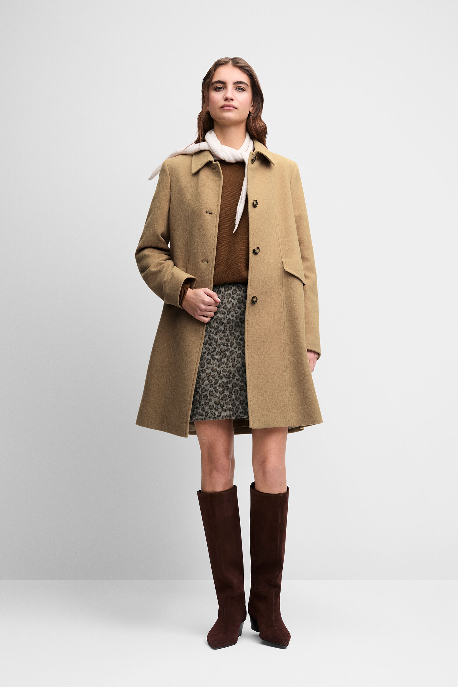 Wollmantel, Camel, Knie-Länge, Leopardenkleid, Kniehohe Stiefel