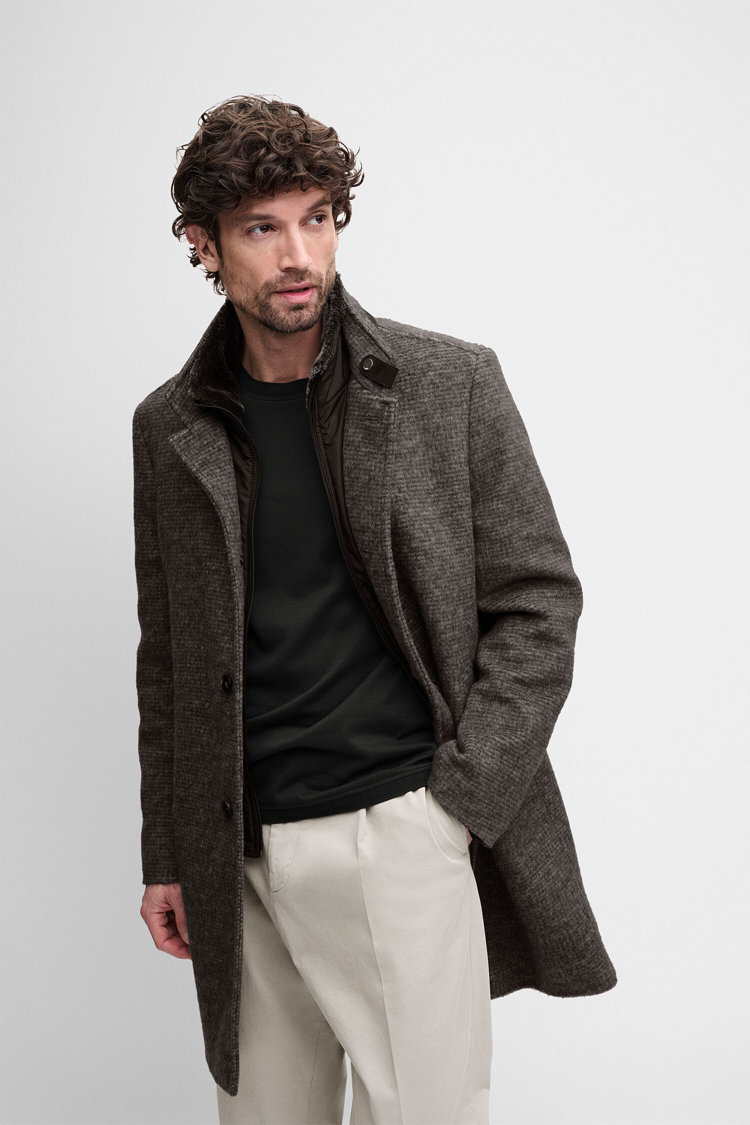 Wollmantel, Overcoat, Kuschelig, Dunkelgrau, Mantel mit Revers