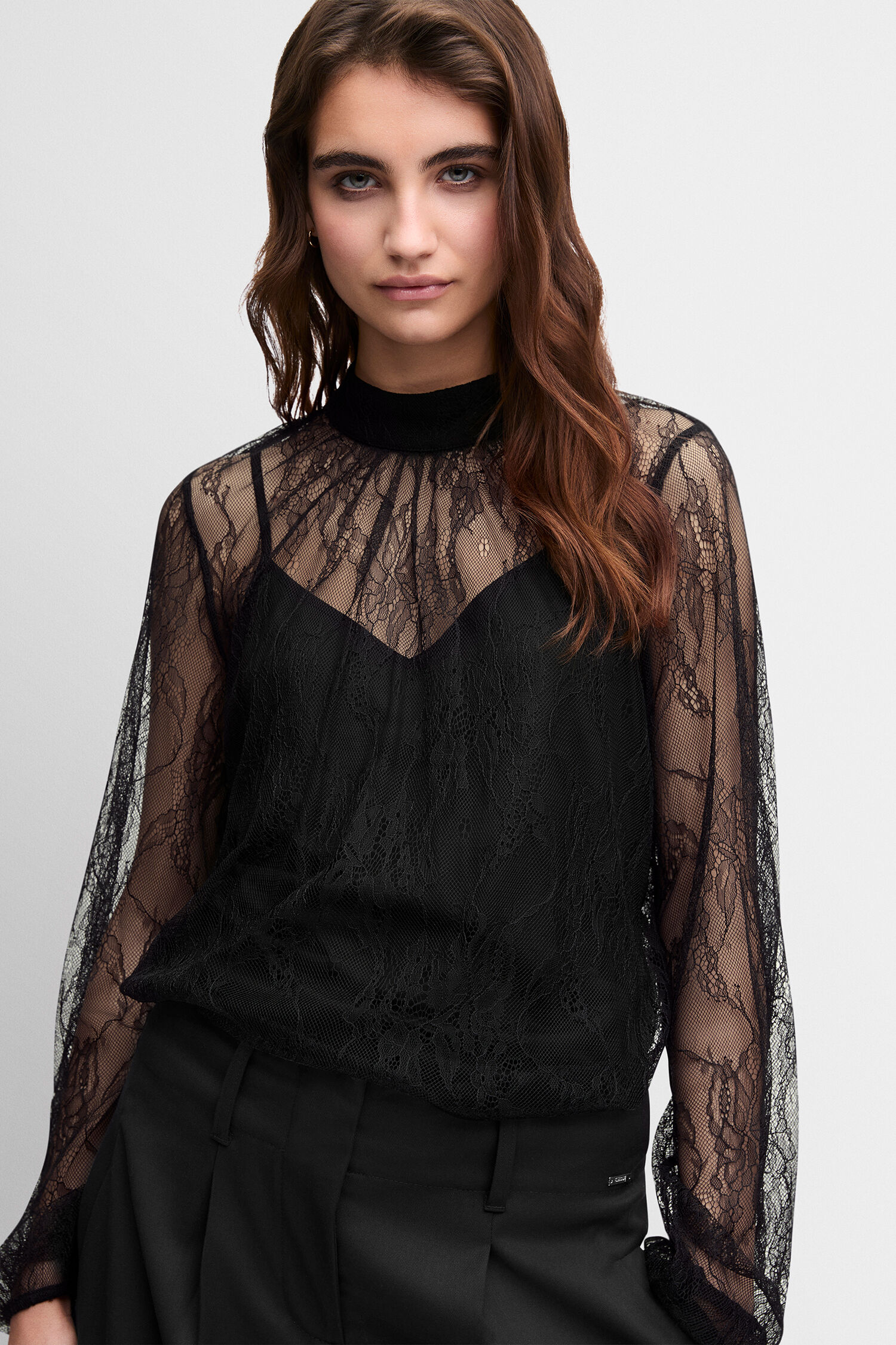 Lace top, Sheer blouse, Black top, Long sleeves, High neck