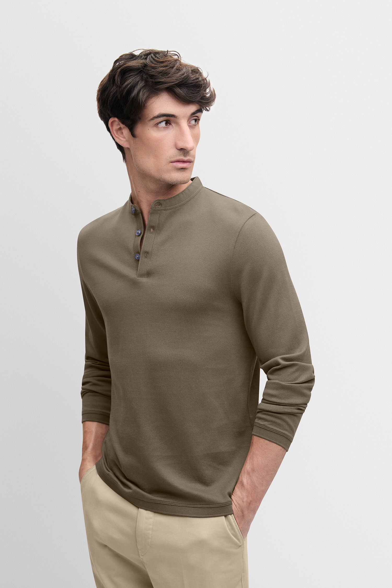 Henley Shirt, Lange Ärmel, Olivgrün, Strick, Herrenmode