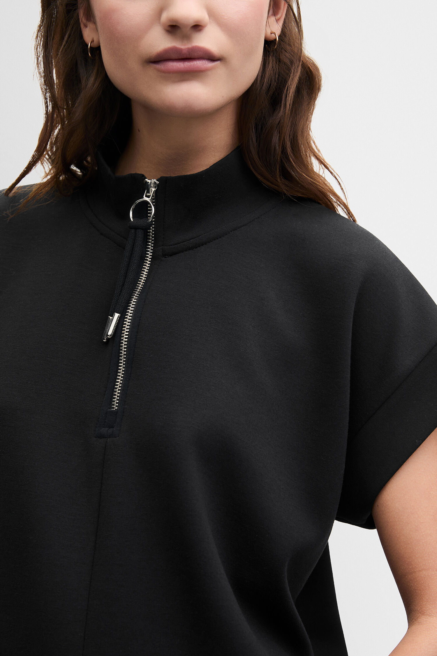Pullover, Reißverschluss, Halbsleeve, Schwarz, Halskrause