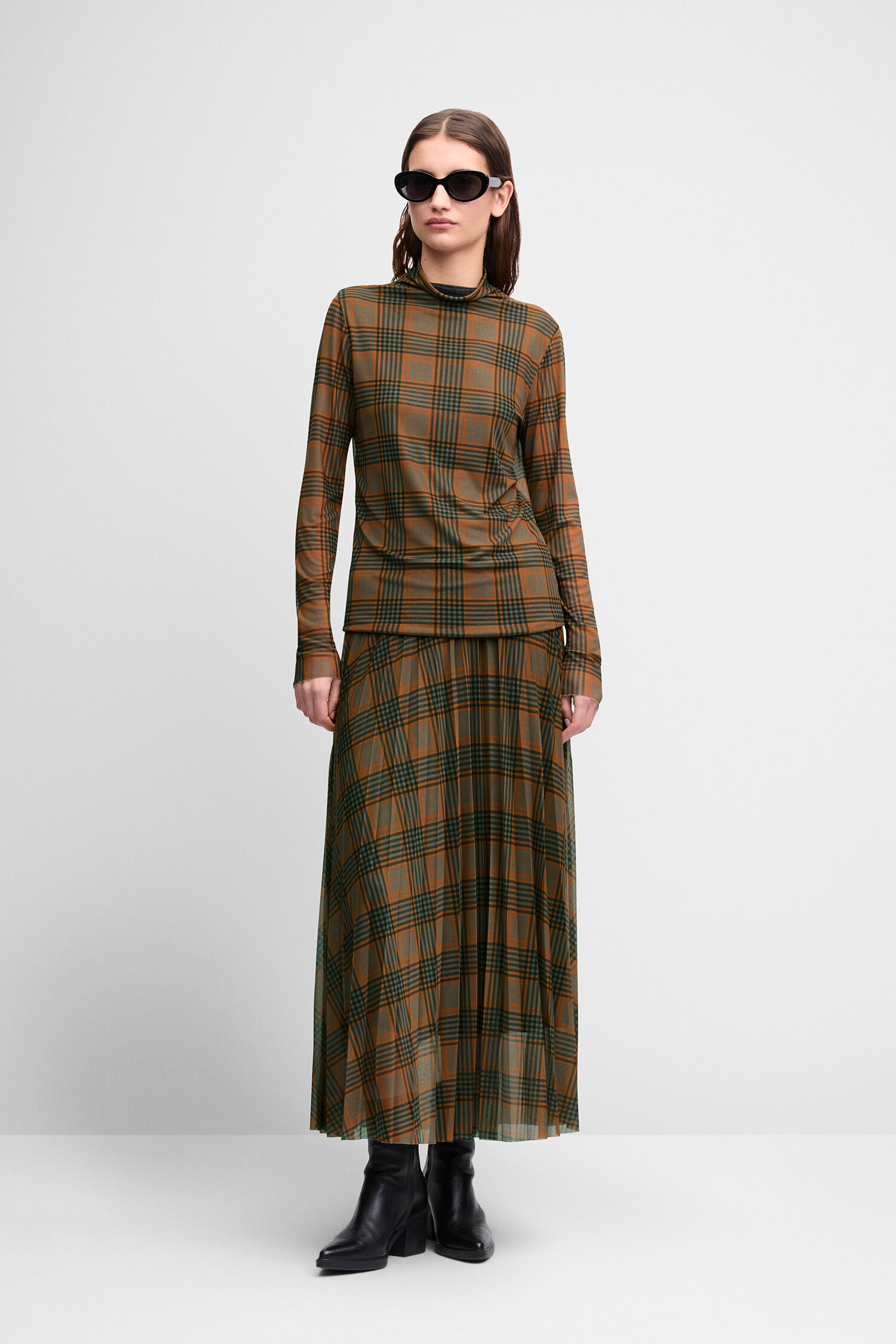 Plissee, Tartan, Karo, Langarm, Maxi