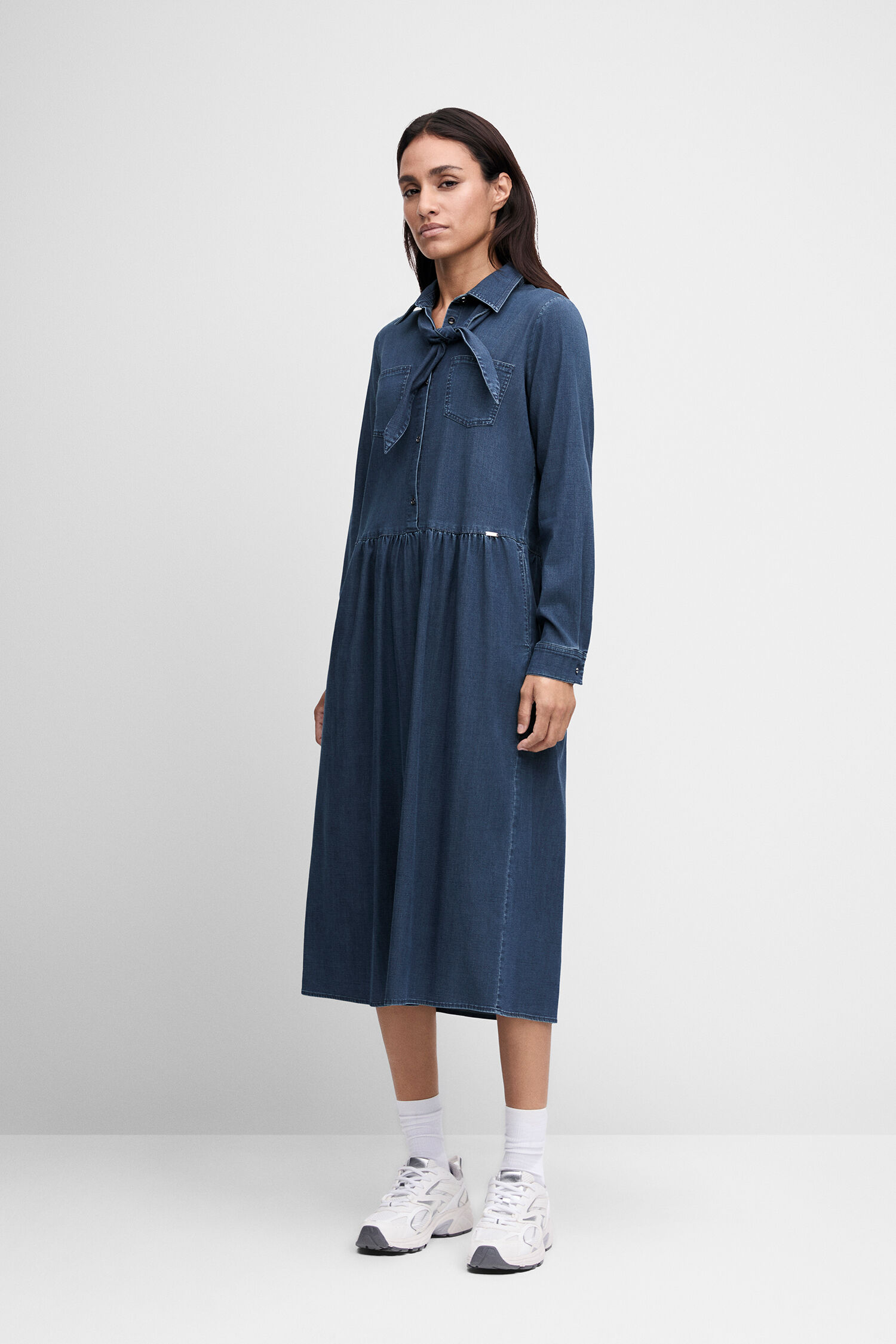 Denim Kleid, Langarm, Kleid Mit Kragen, Knopfverschluss, Halbknie