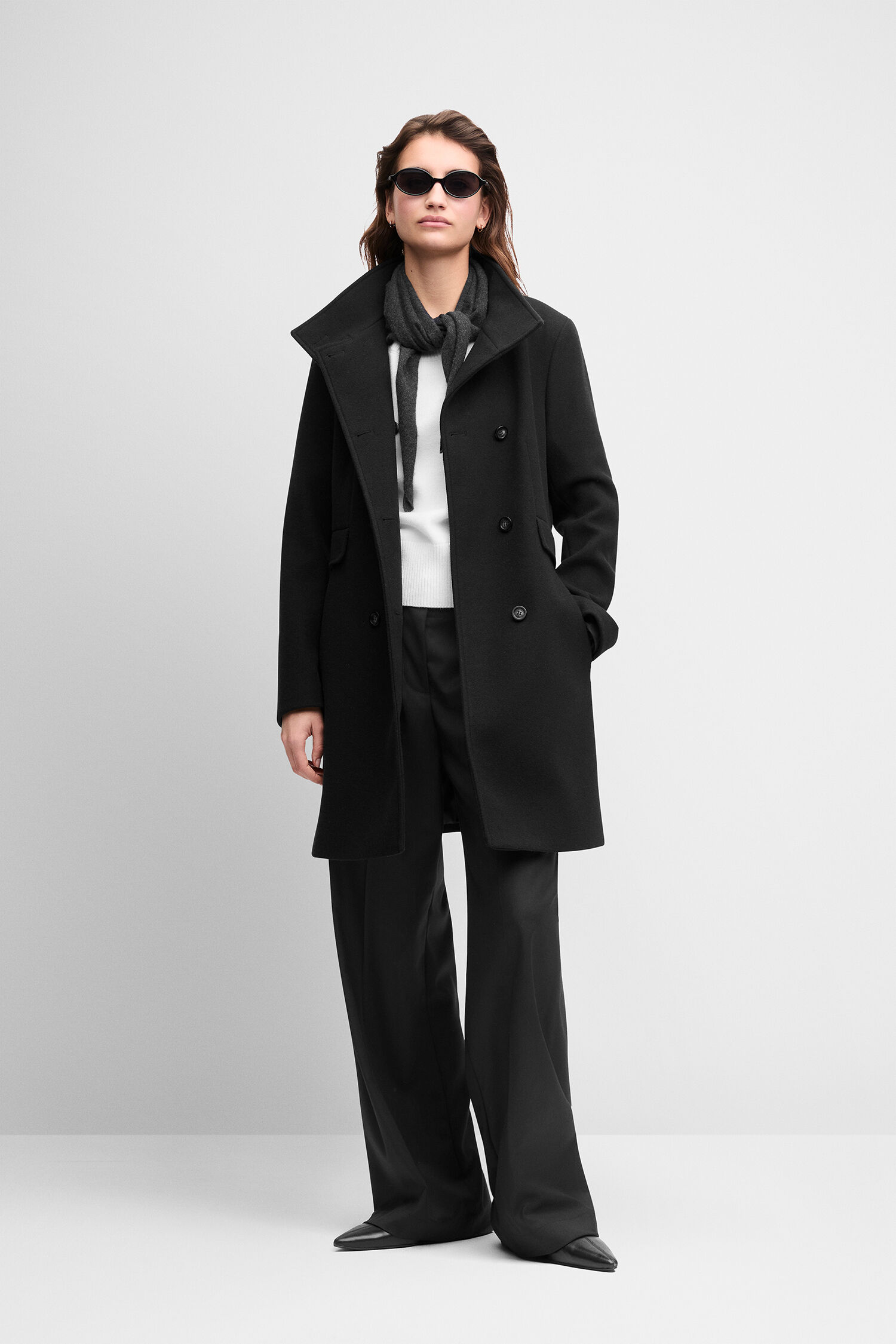 Mantel, Schwarz, Wolle, Schal, Hose