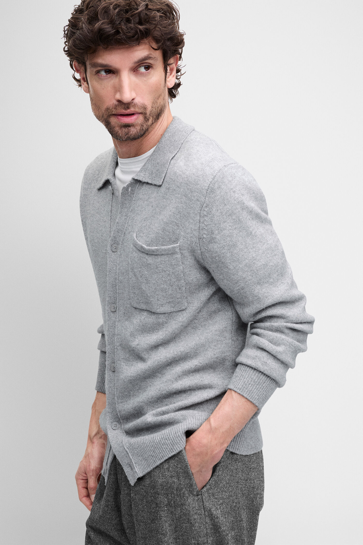Kardigan, Knitwear, Tasche, Grau, Langarm