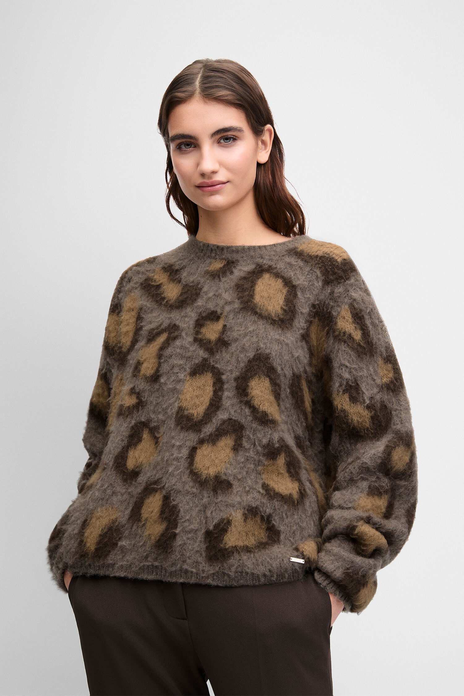 Leopardenmuster, Pullover, Kunstfell, Oversized, Graue Töne
