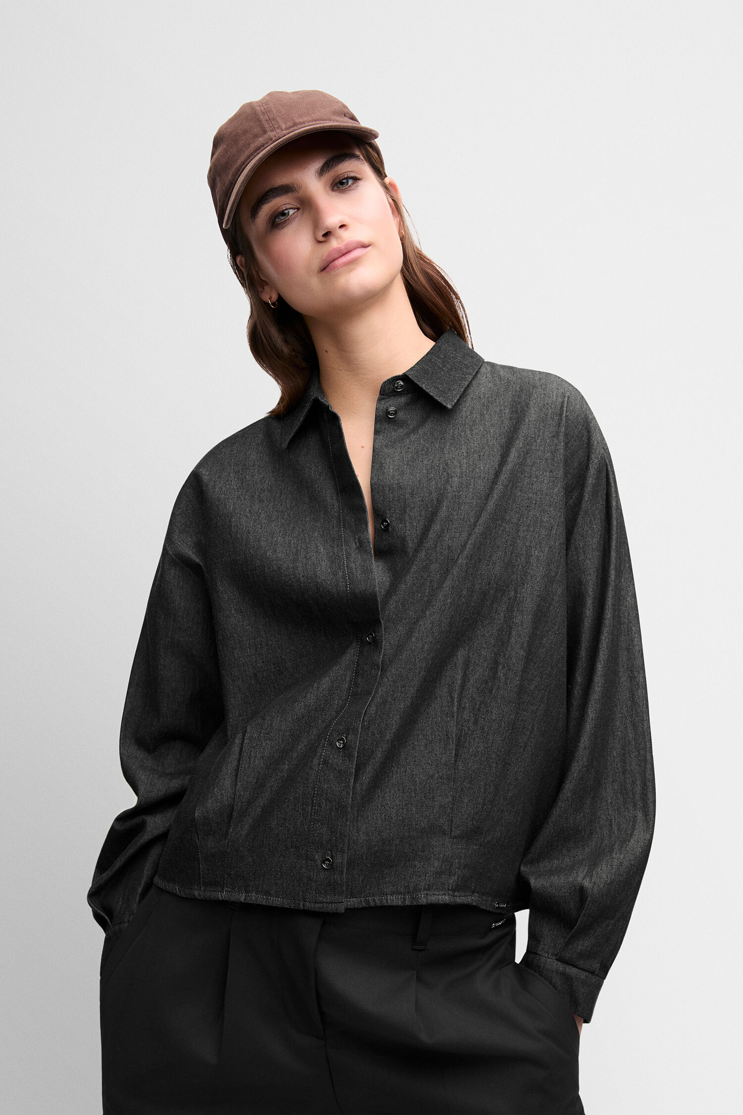 Denim shirt, Dunkelgrau, Lange Ärmel, Knopfverschluss, Kragenhemd
