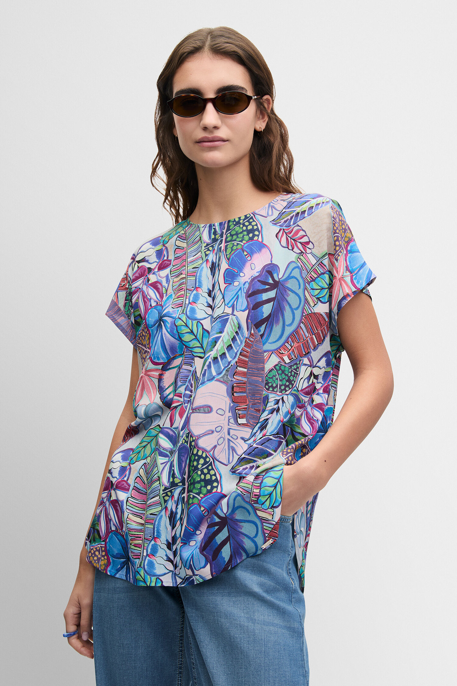 bluse, shirt, print, blattmuster, kurzärmlig