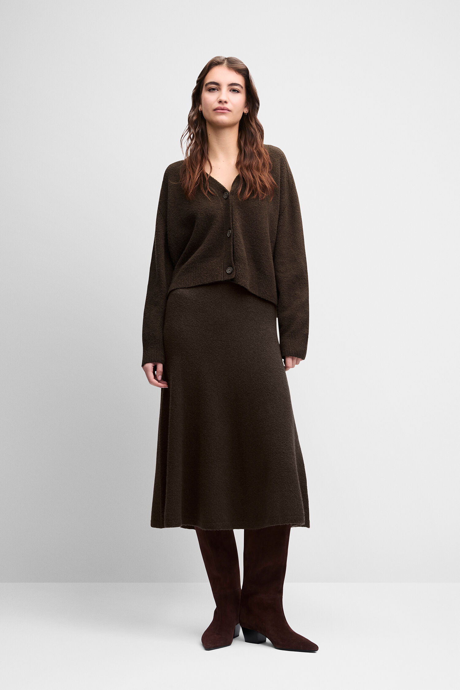 Kleid, Mantel-Set, Knopfleiste, Langarm, Braun