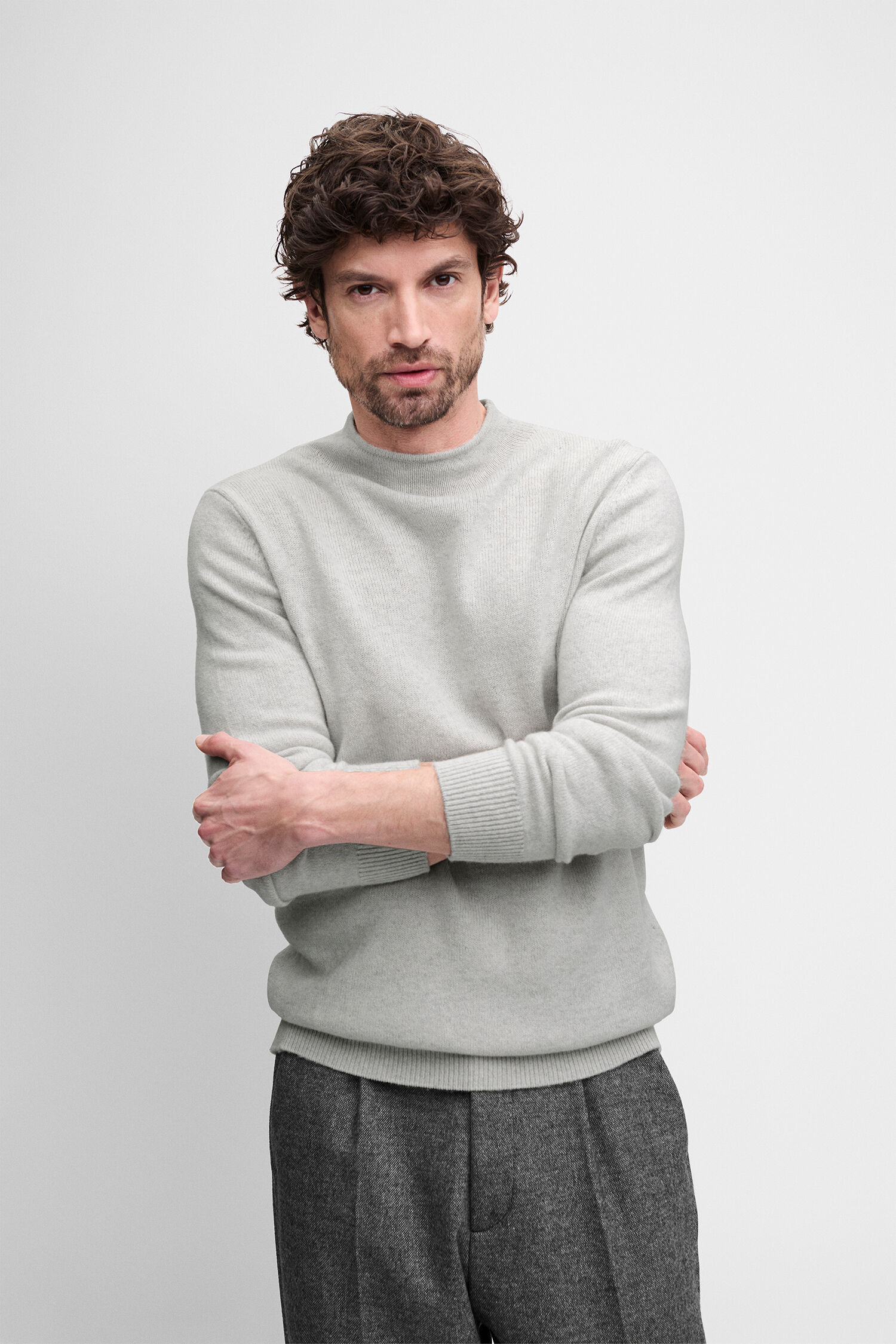 Pullover, Knit, Hellgrau, Rundhals, Langarm