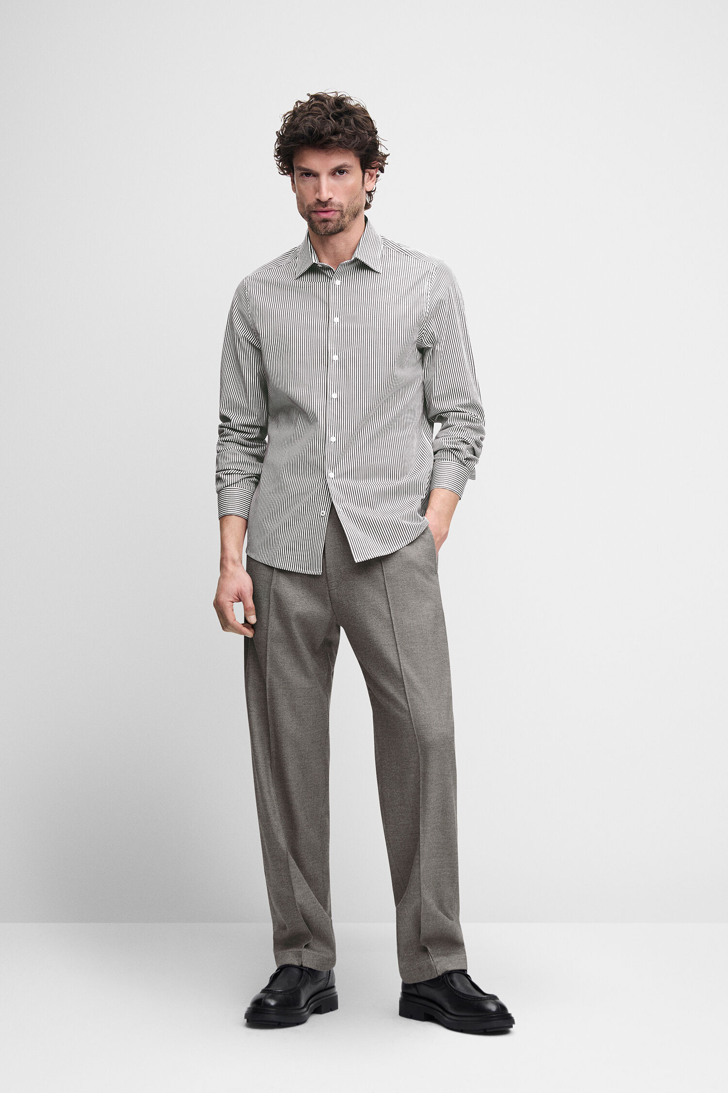 Hemd, Gestreiftes Shirt, Langarm, Kragen, Kombination Grau