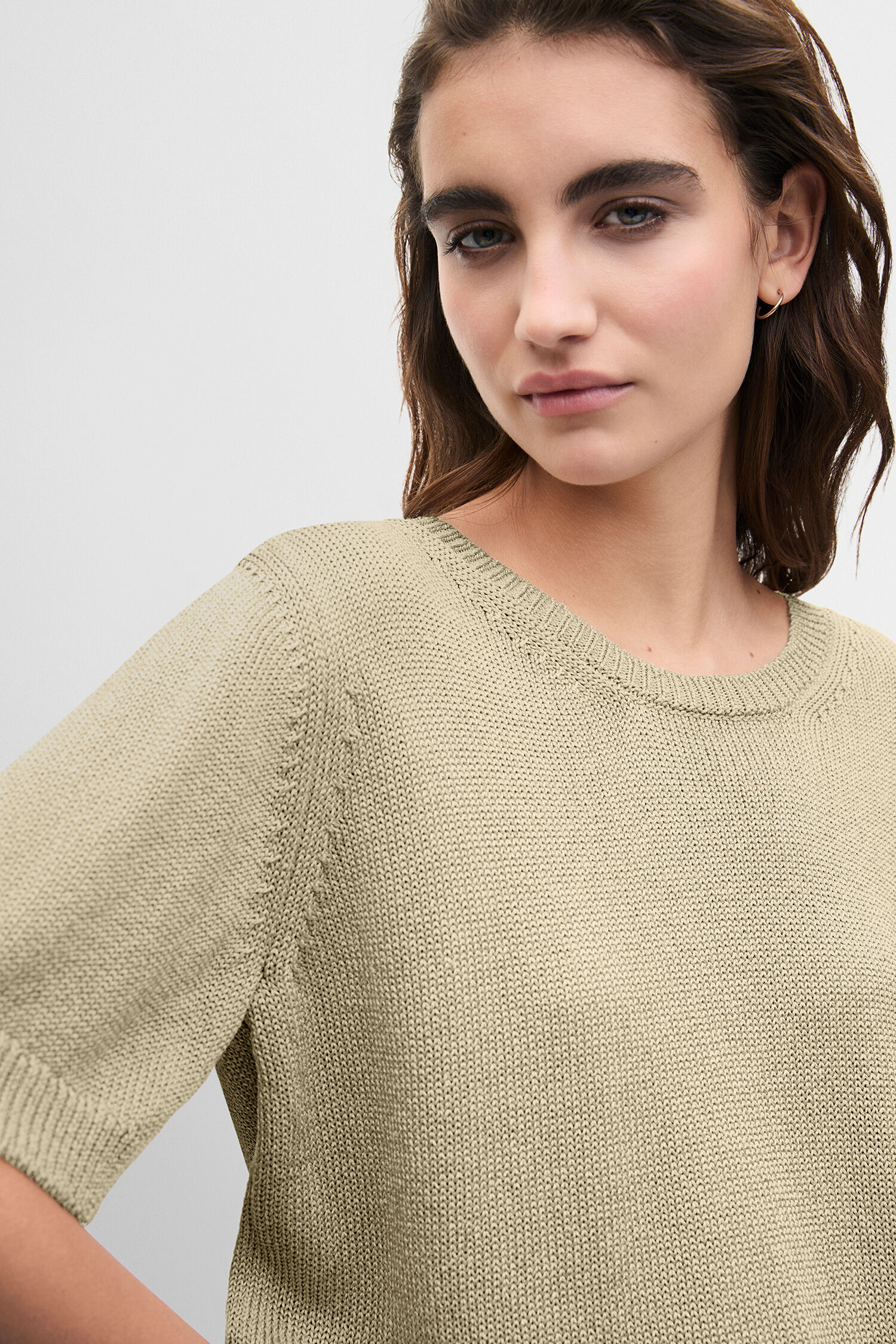 Knittop, Kurzarm, Beige, Kastenstruktur, Oversize–Puzzle