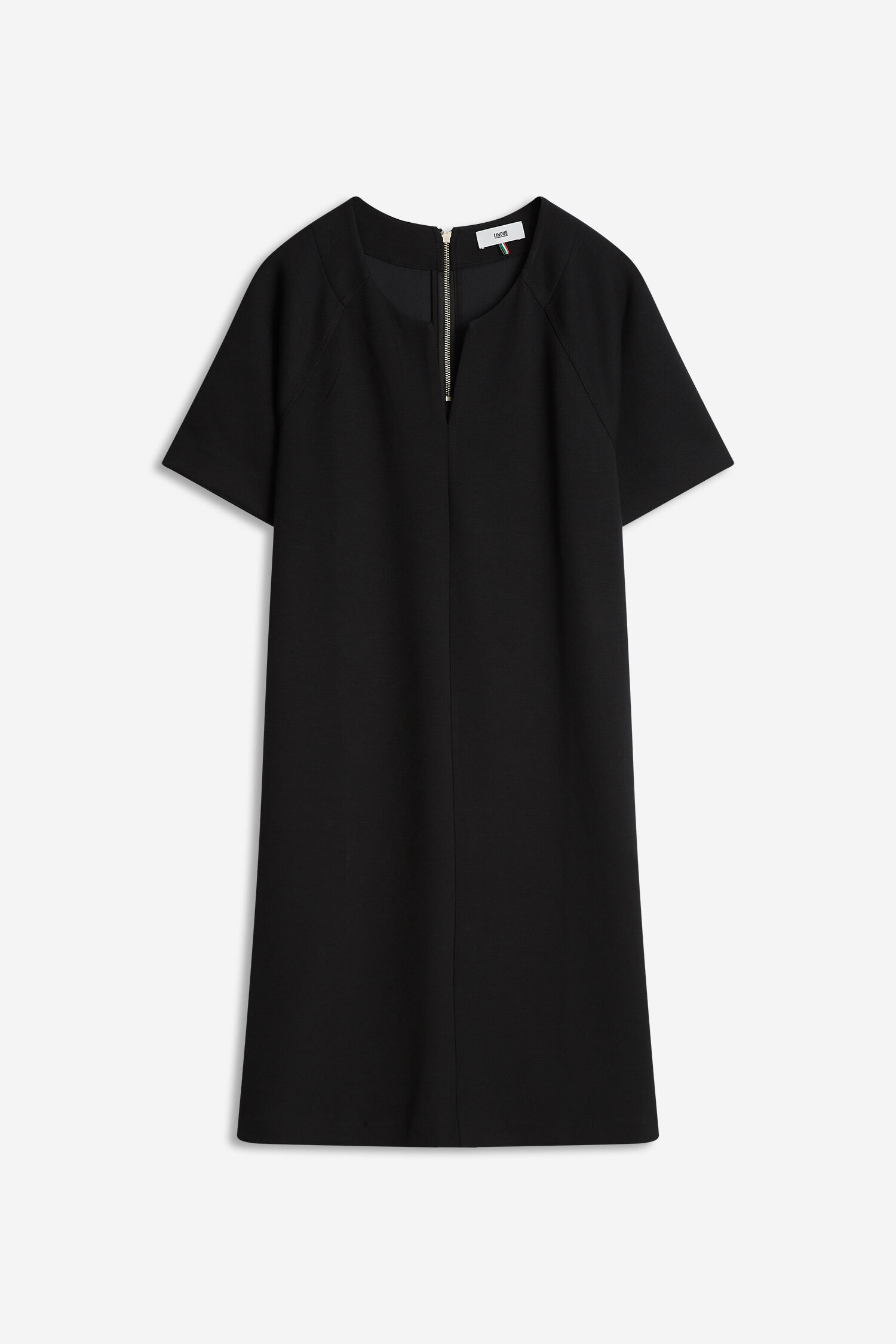 kleid, schwarz, kurzarm, frontreißverschluss, minimal