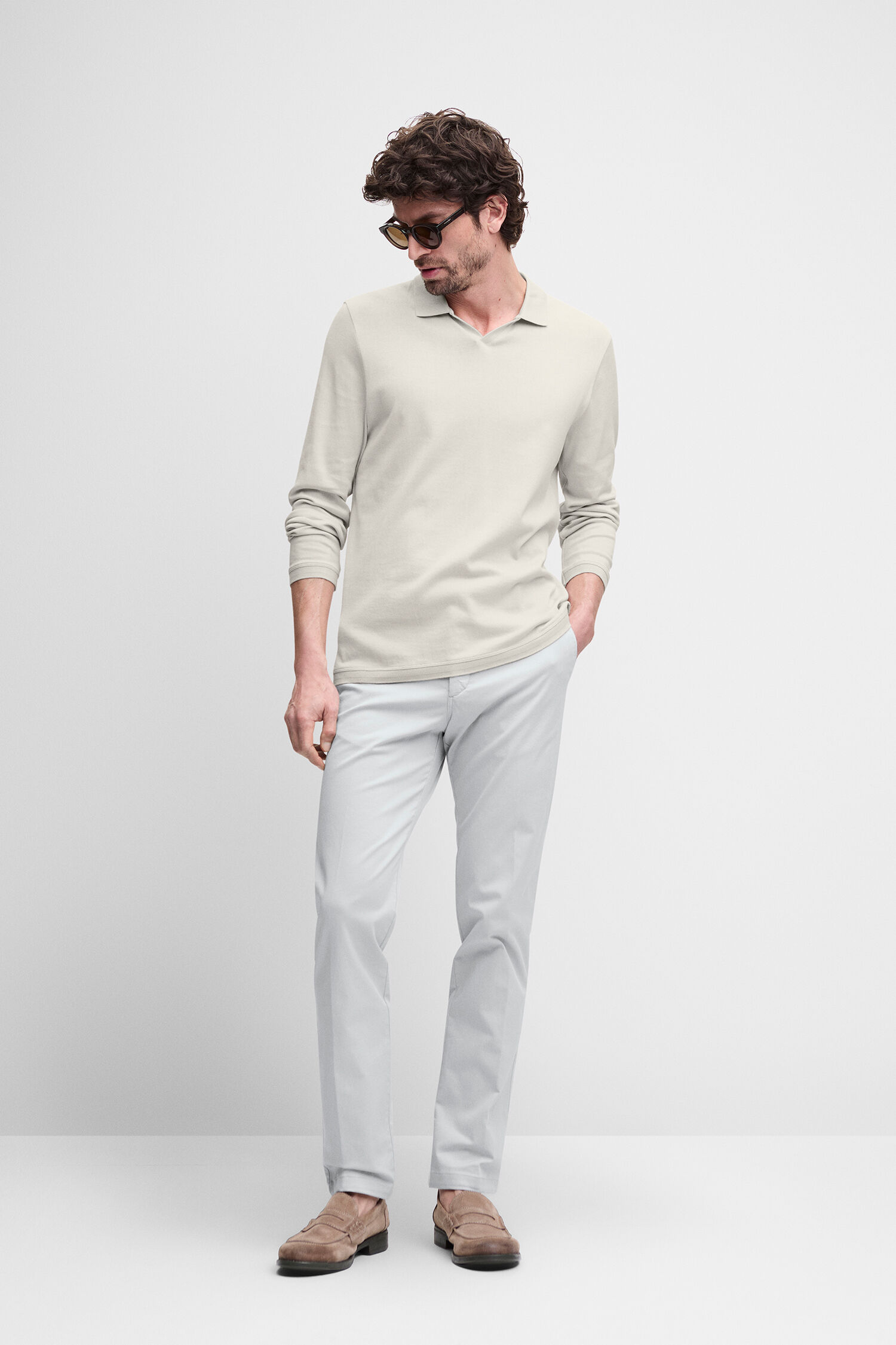 Polo, Langarm, Beige, Hose, Loafers