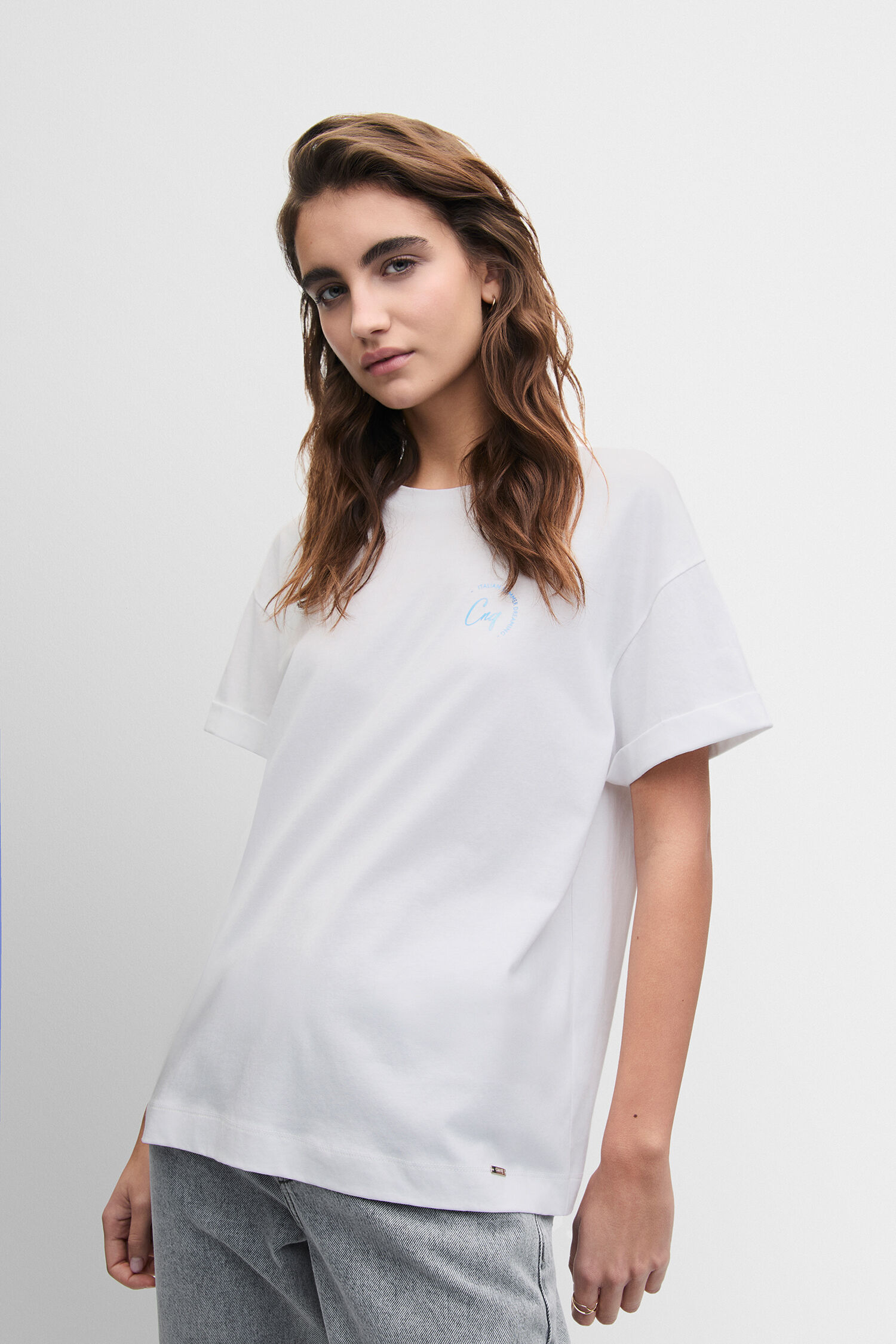 T-Shirt, Weiß, Kurzarm, Oversized, Kleines Logo