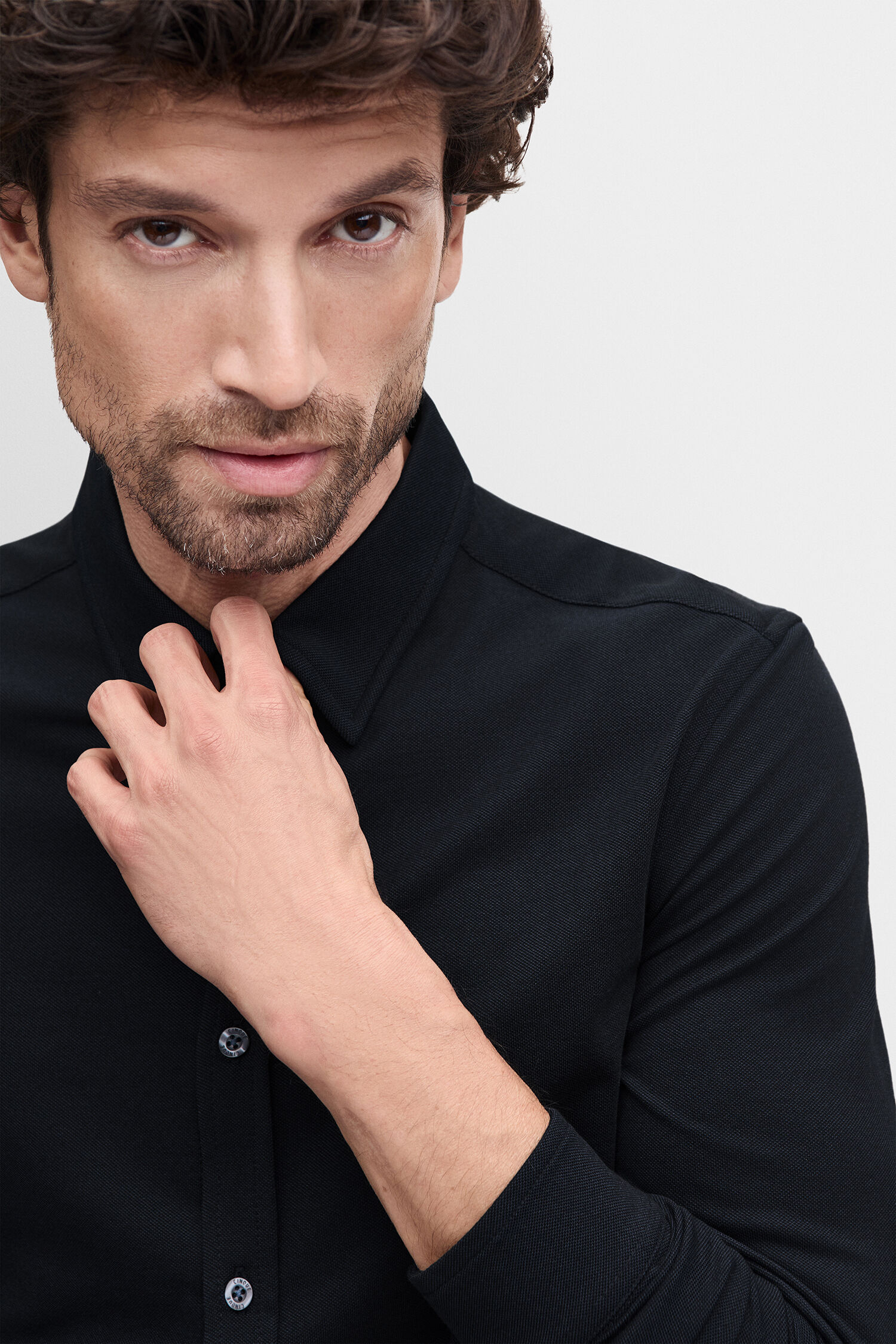 Polohemd, Schwarz, Langarm, Kragen, Knopfleiste