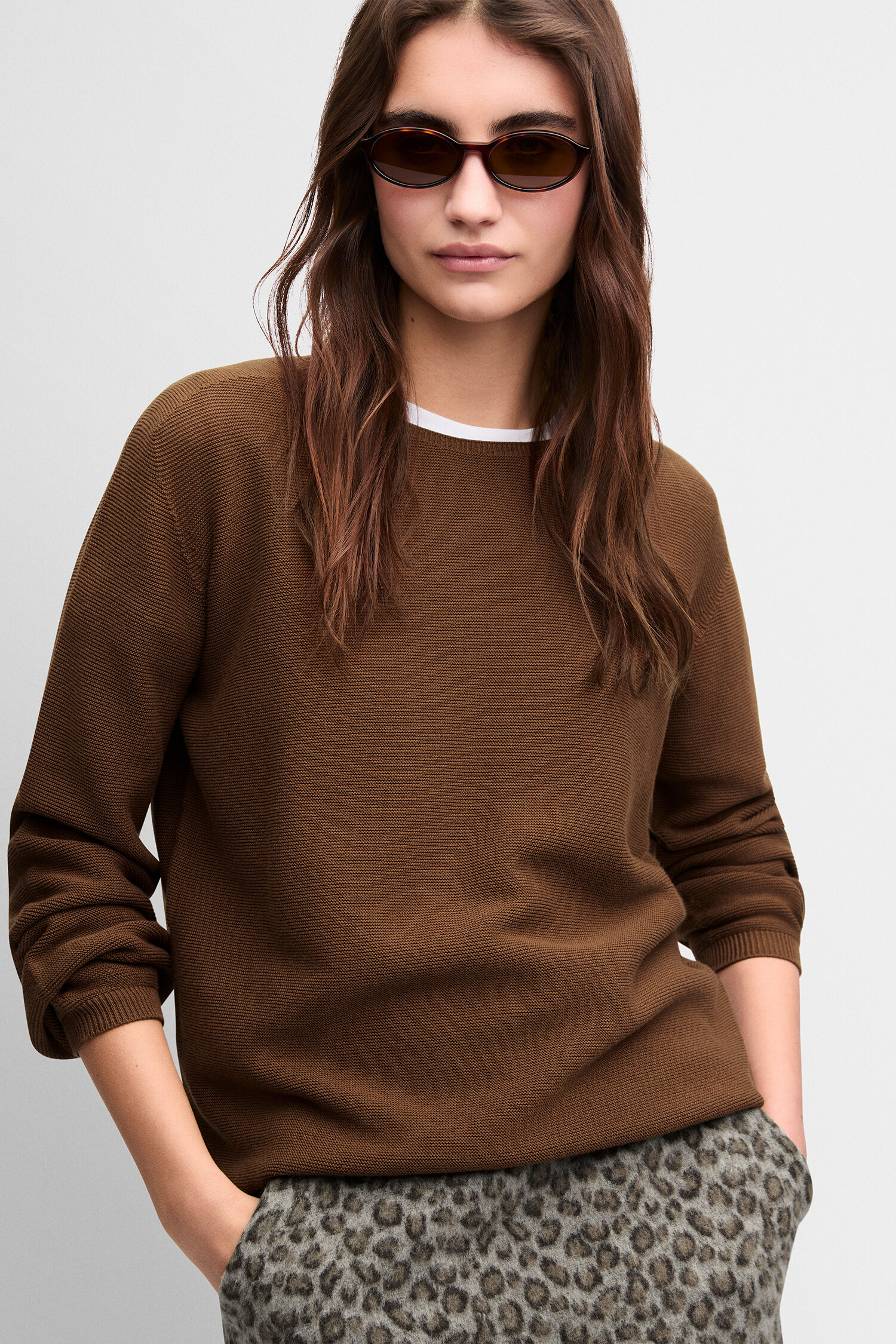 braun, Pullover, Knit, Langarm, Leopard-Print