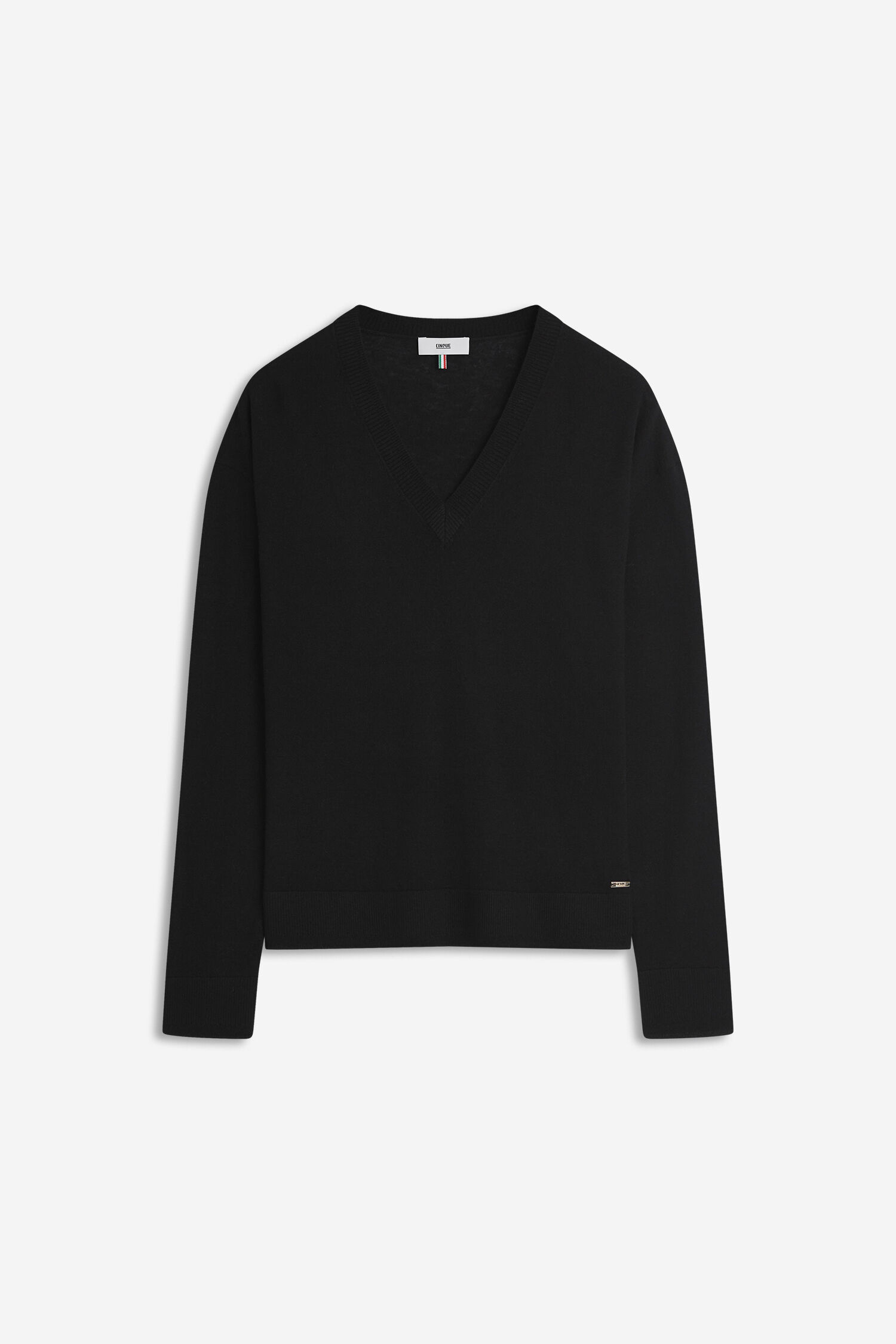 V-Ausschnitt, Pullover, Schwarz, Kleines Logo, Strick