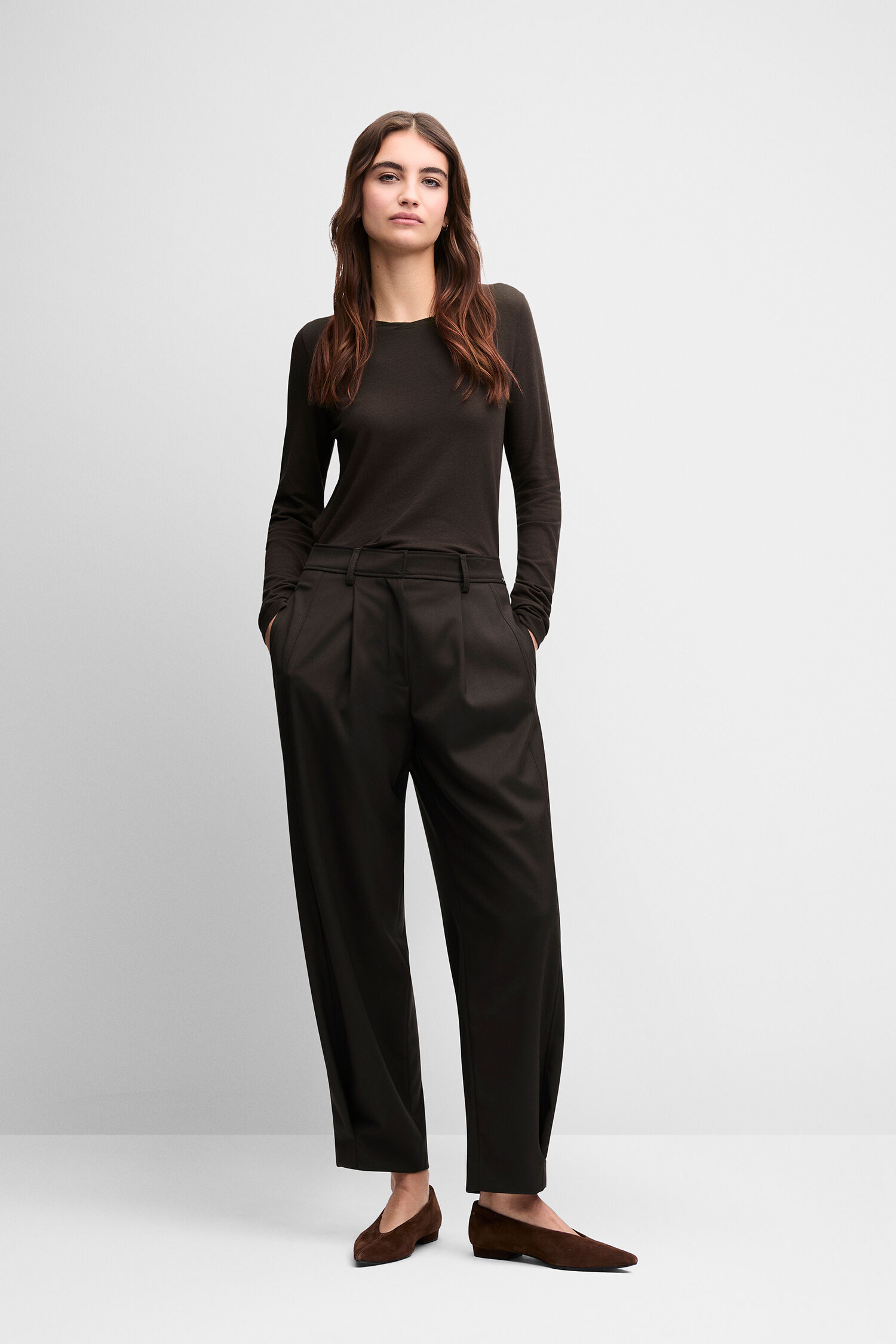 dunkelbraun, langarm, ripplose, hose, slimfit