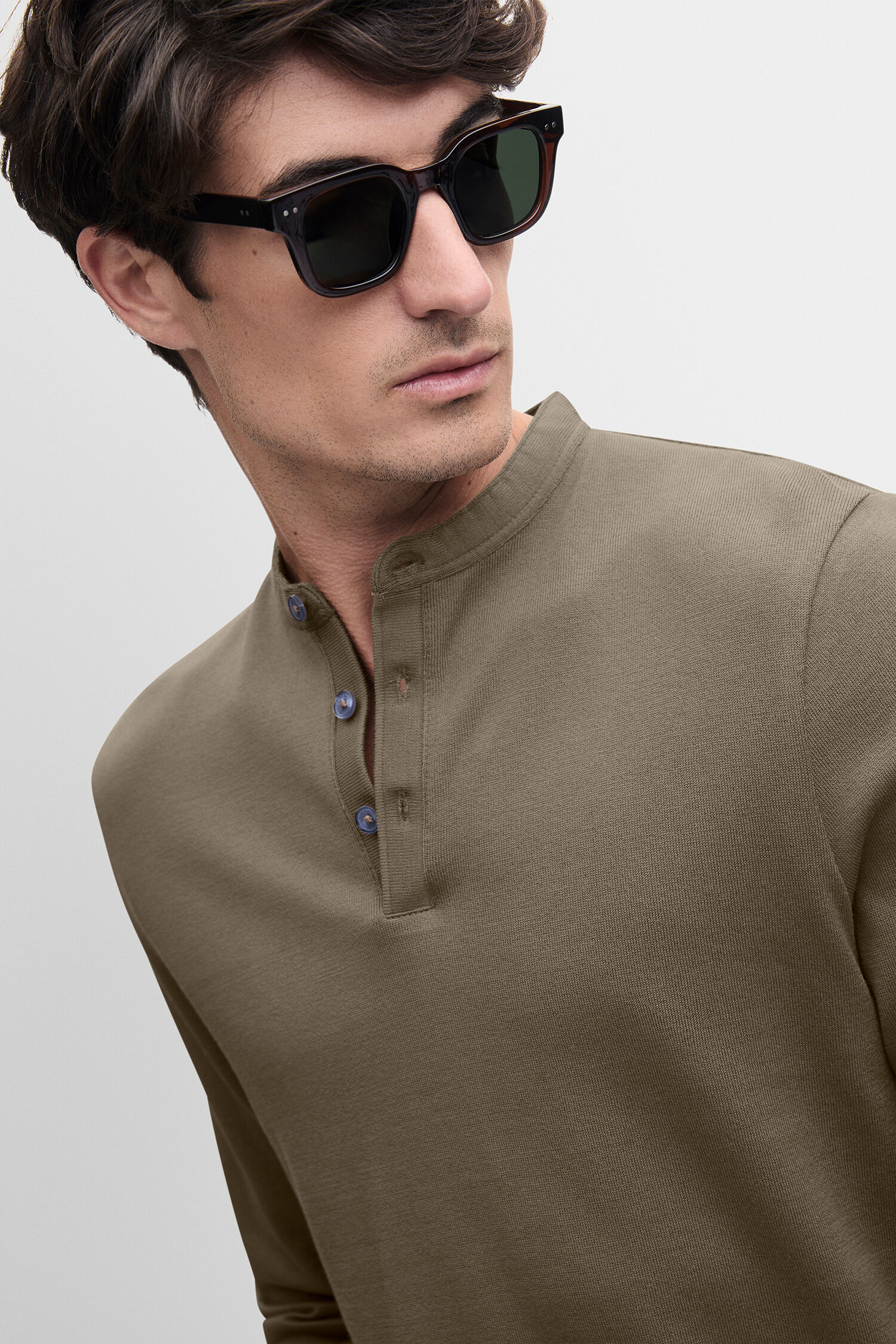 Henley Shirt, Lange Ärmel, Olivgrün, Strick, Herrenmode