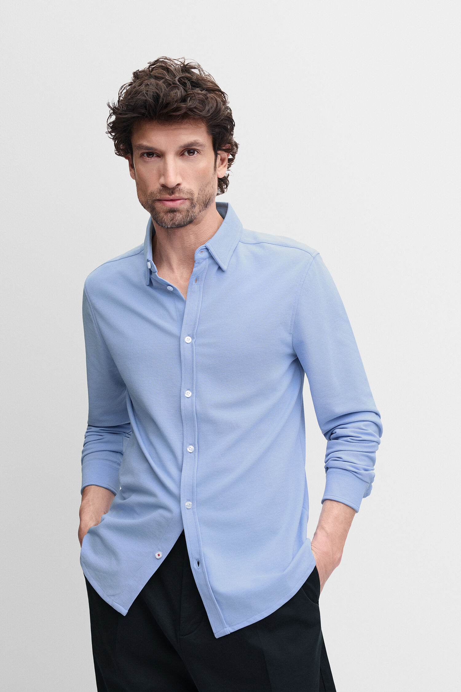 Hemd, Langarm, Hellblau, Knopfverschluss, Kragen - blue