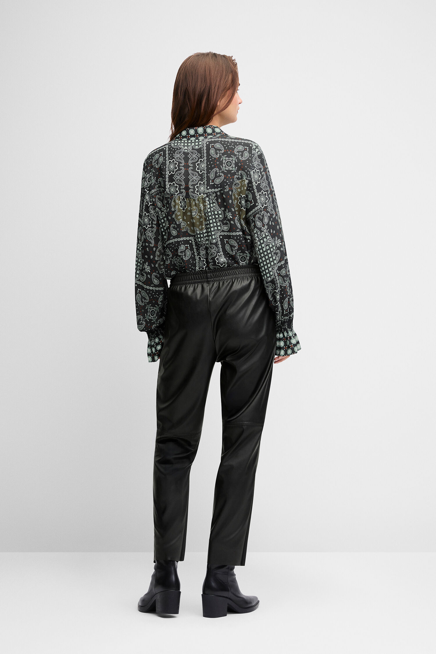 Paisley Muster, Bluse, Leder-look Hose, Schwarz, Langarm
