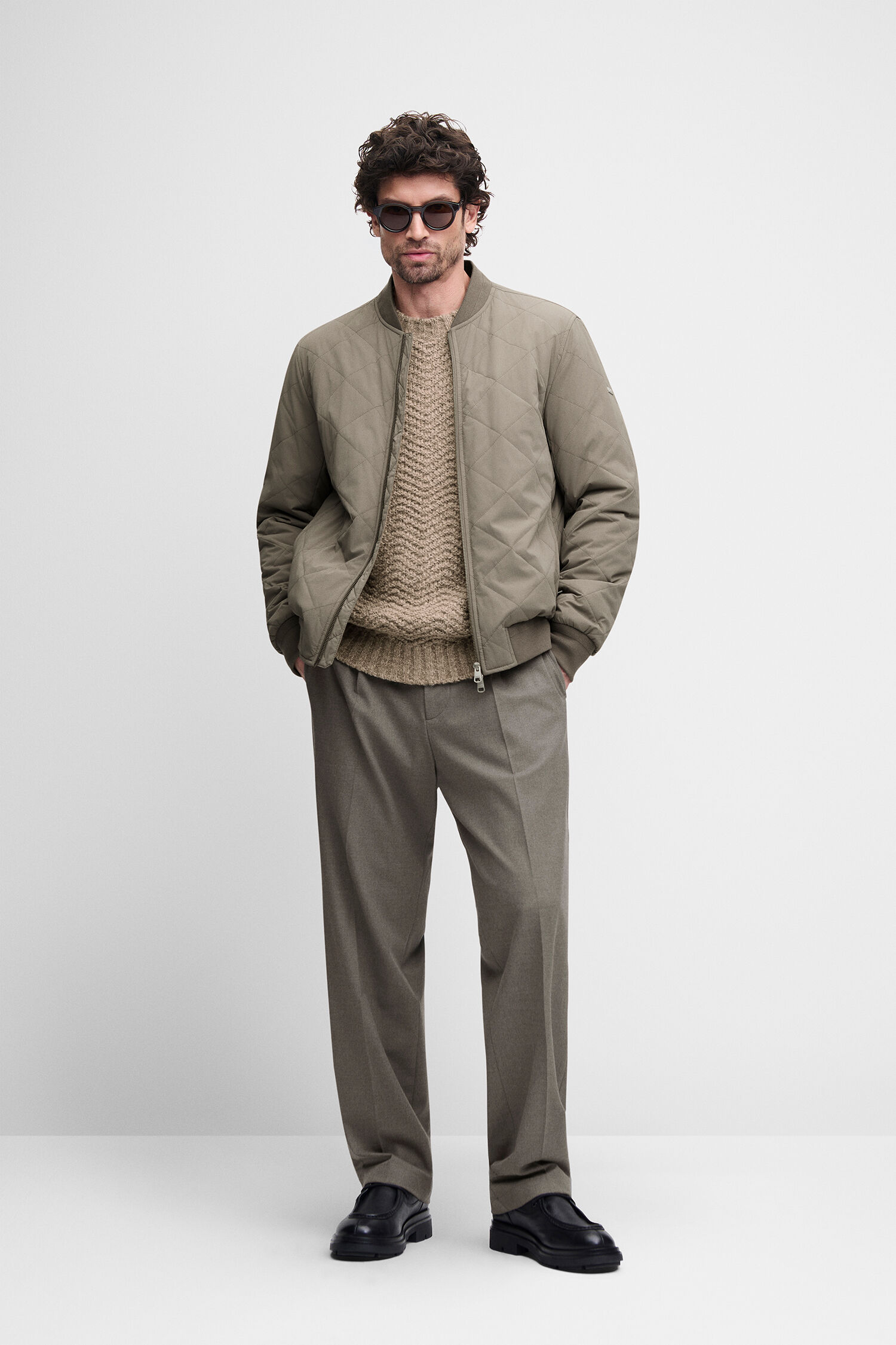 Quilted jacket, Beige bomber, Knit sweater, Wide leg pants, Sunglasses