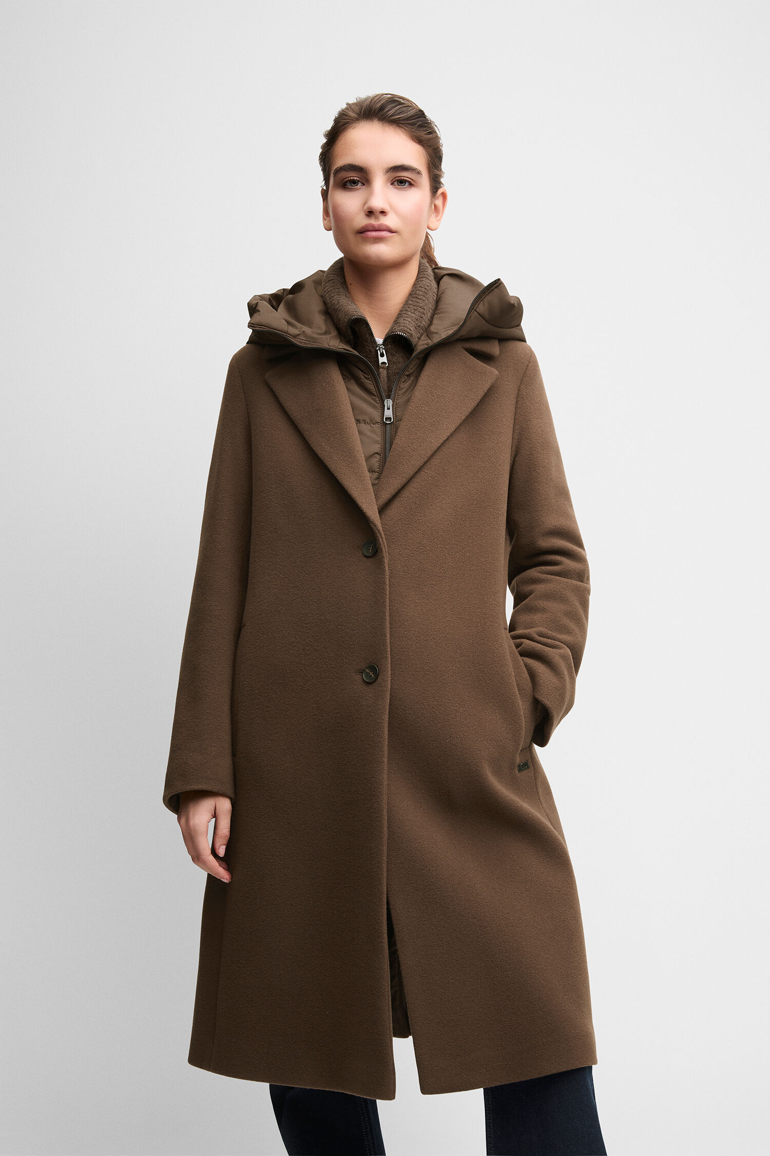 Mantel, Wollmantel, braun, Knopfverband, Hoodie-Detal