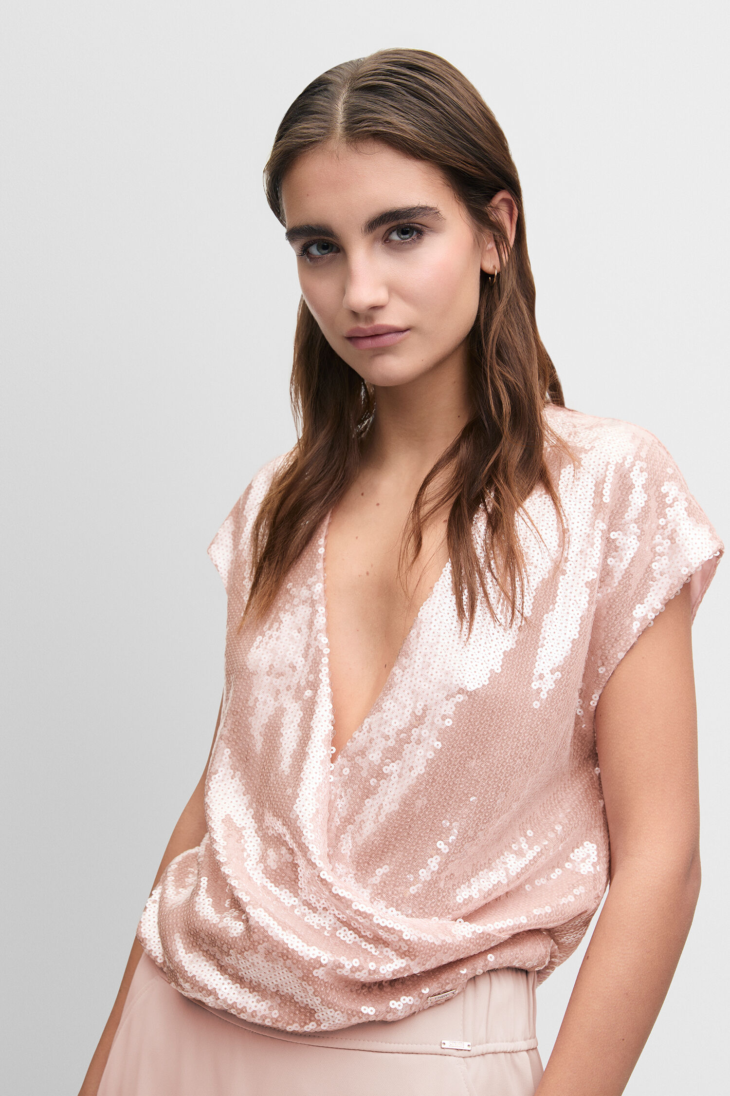 Sequin top, Rosé, V-Neck, Kurzarm, Glitzer-Top