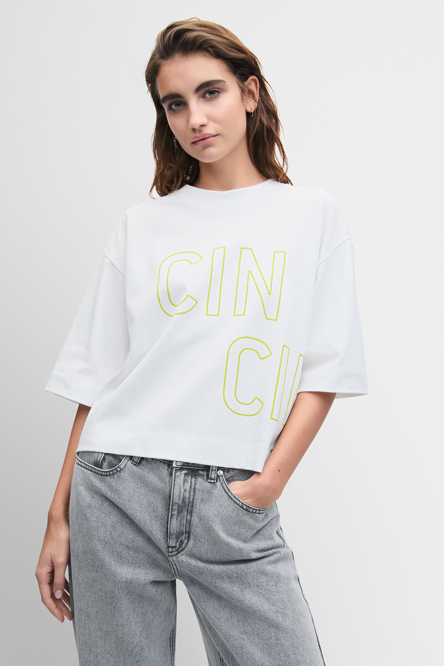 T-Shirt, Weiß, Oversized, Grafik, Neon Umriss
