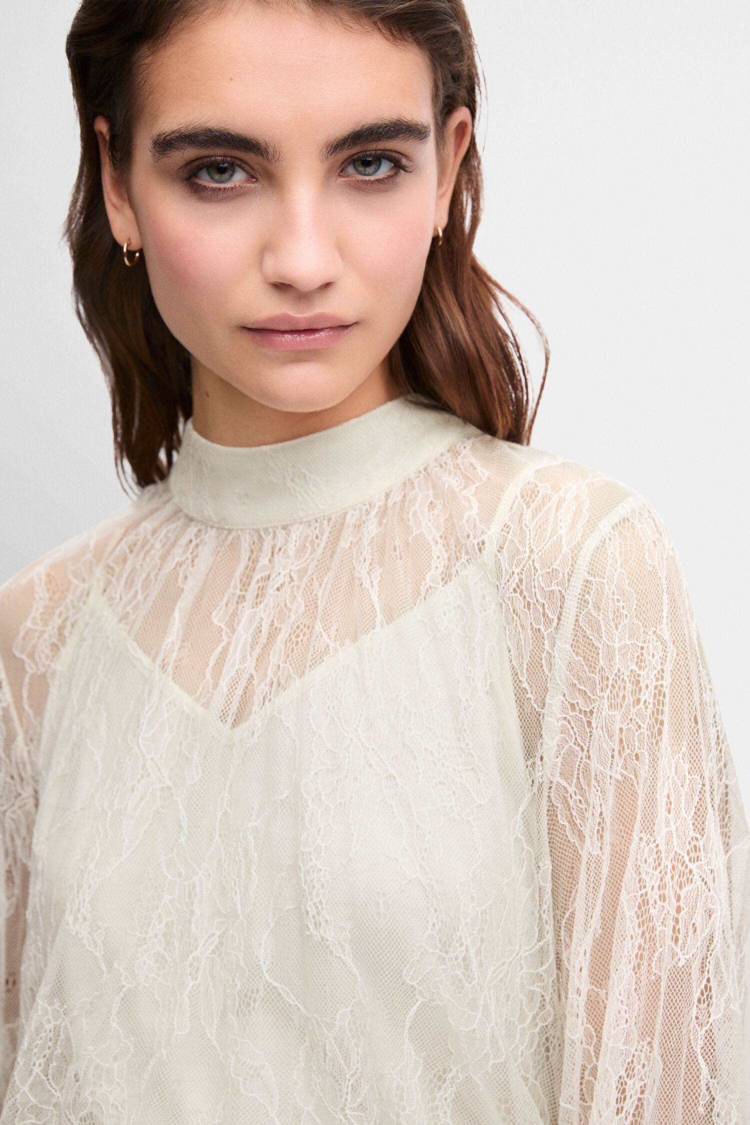 lace top, sheer sleeves, high neck, white blouse, black belt