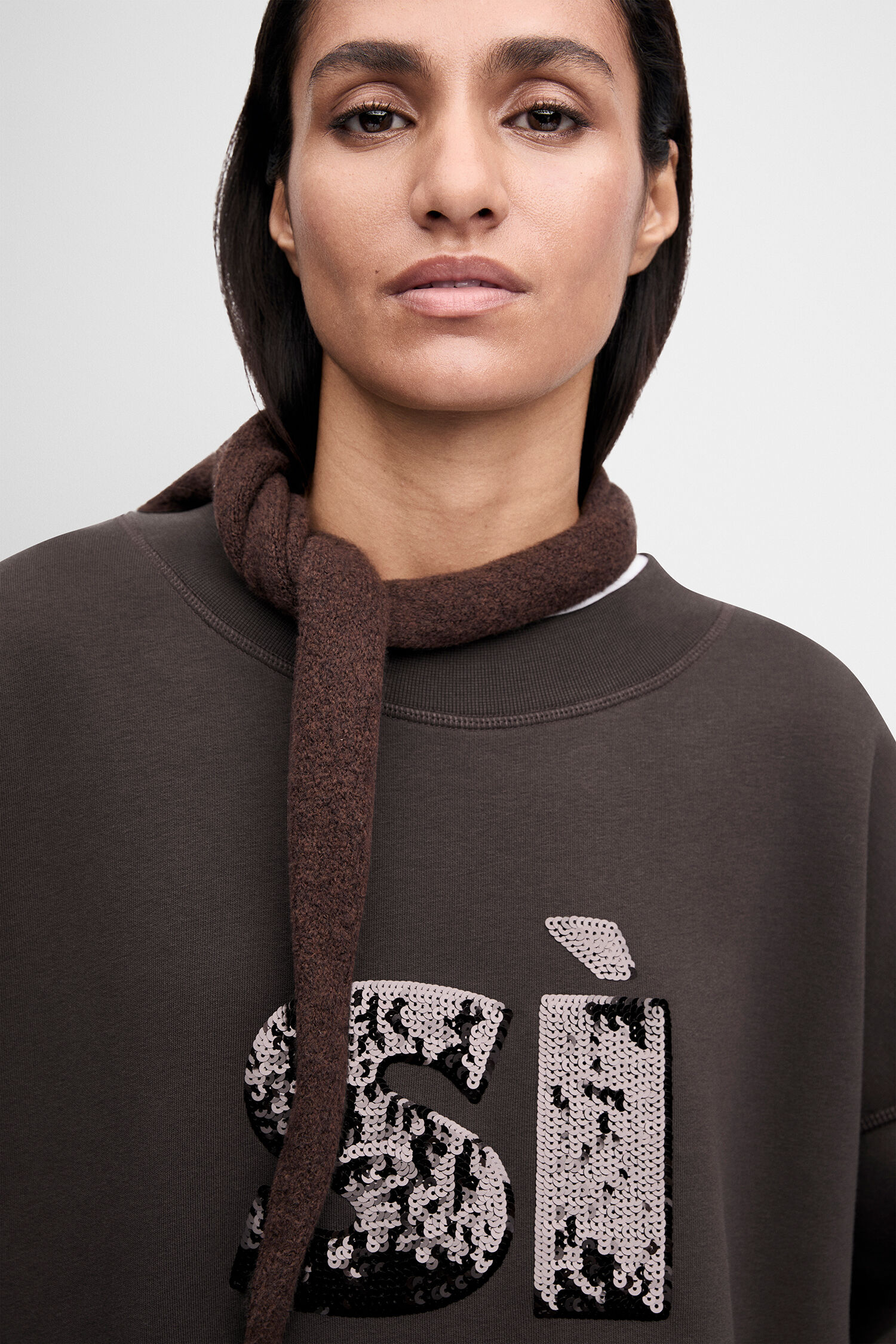 Sweatshirt, Crewneck, Sequined logo, Long sleeves, Brown