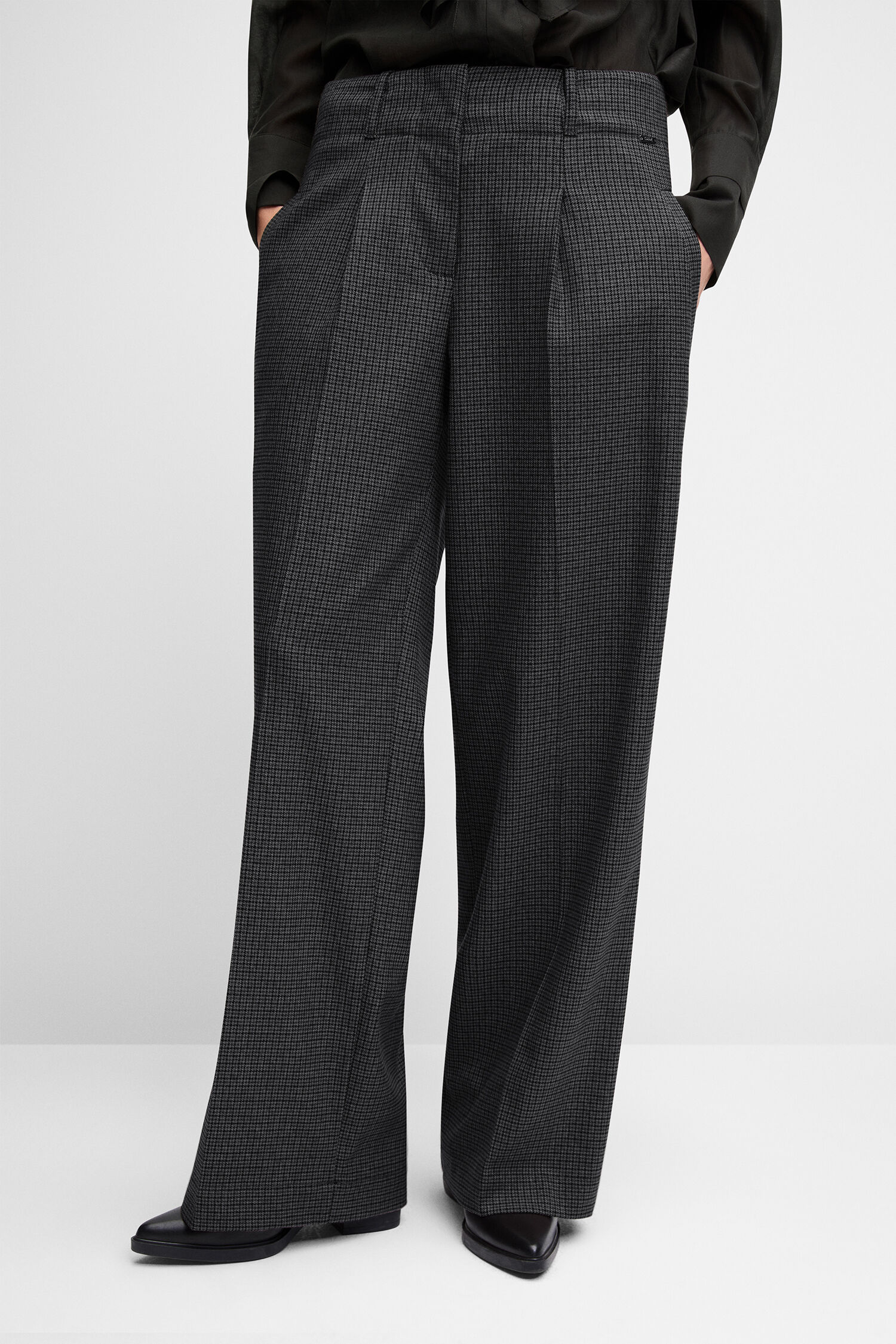 bluse, rüschen, schwarz, langarm, hose