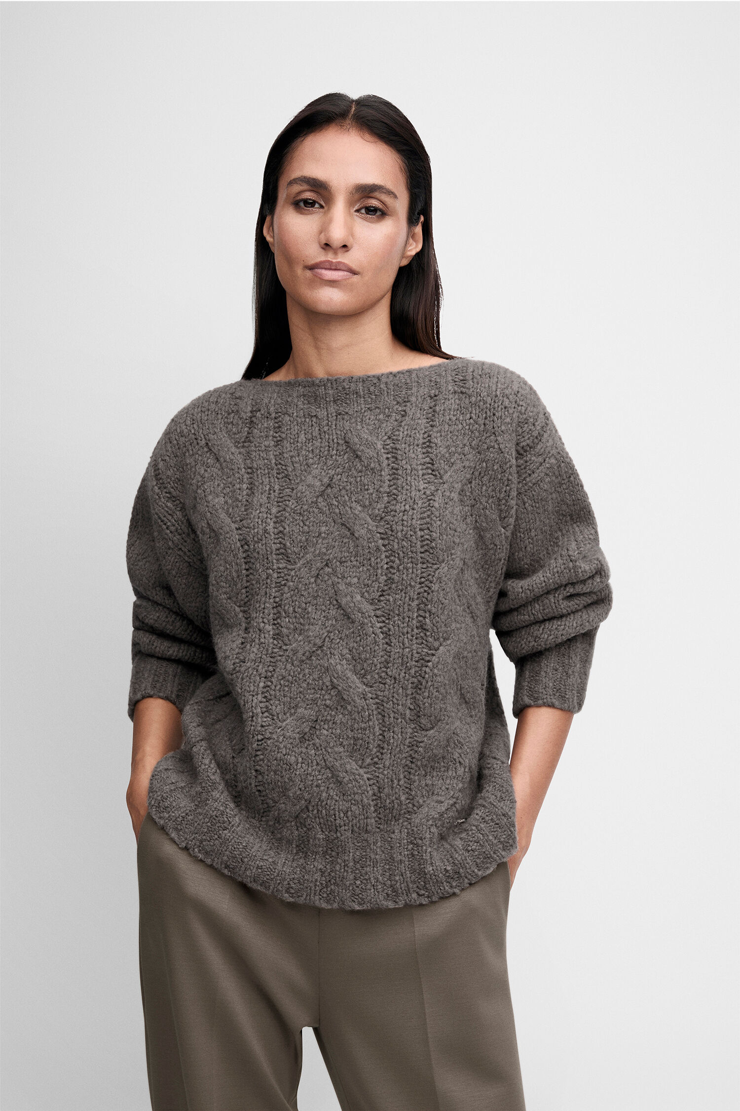 Pullover, Kabelstrick, Grau, Oversize, Rundhals