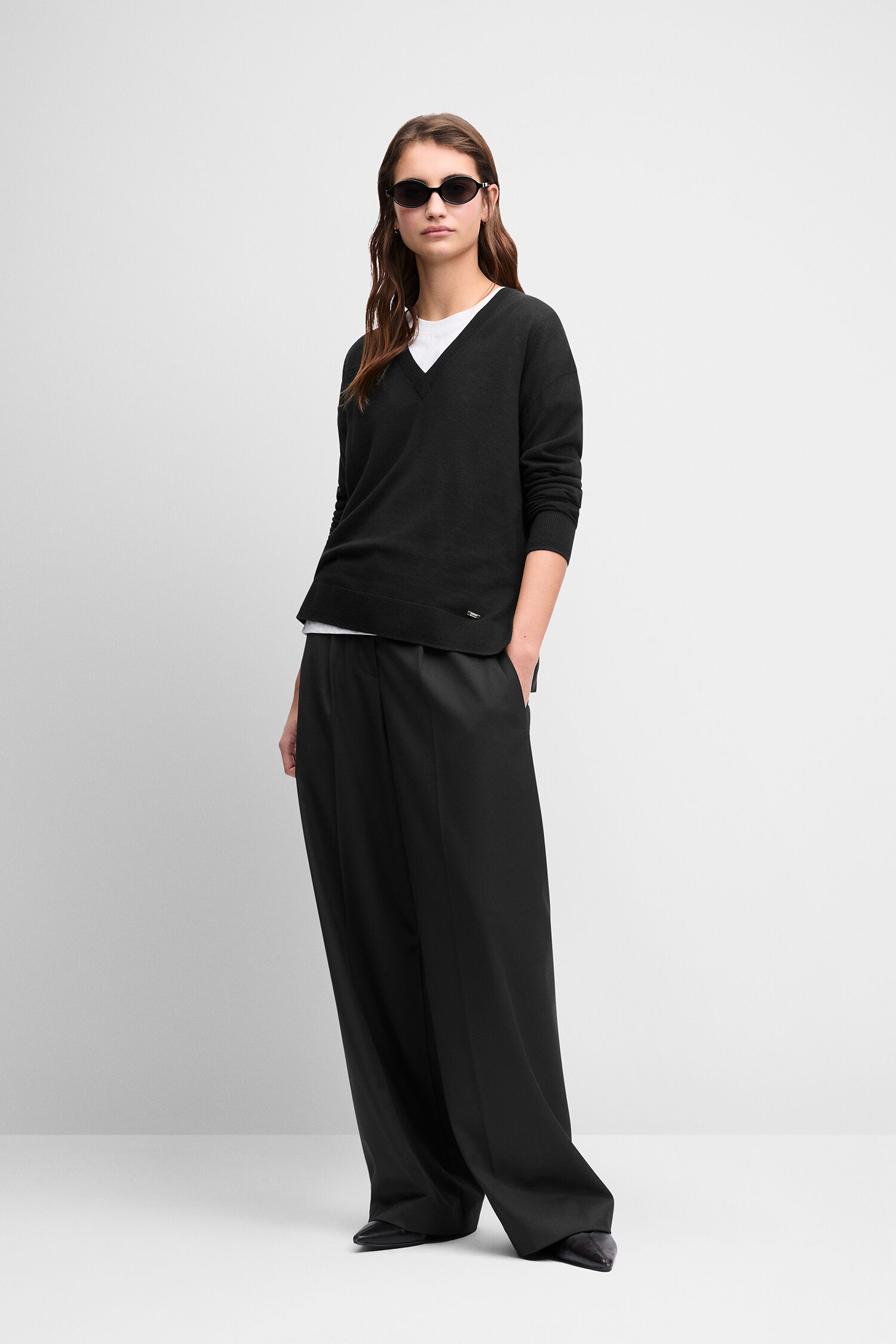 V-Ausschnitt Pullover, Damenoberteil, Schwarz, Langarm, Kragenlos