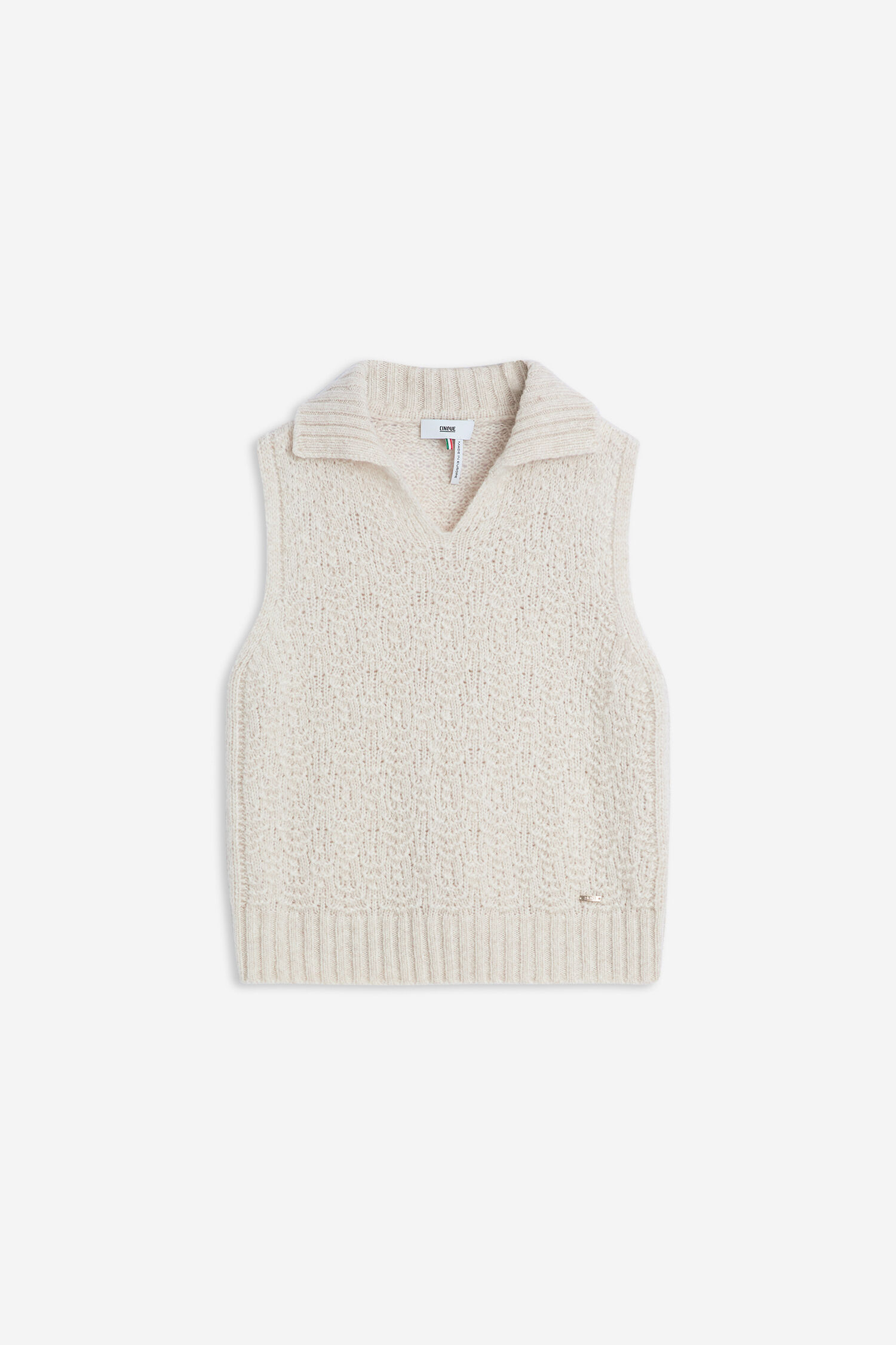 Weste, Strickweste, Mischgarn, V-Polo-Kragen, Beige