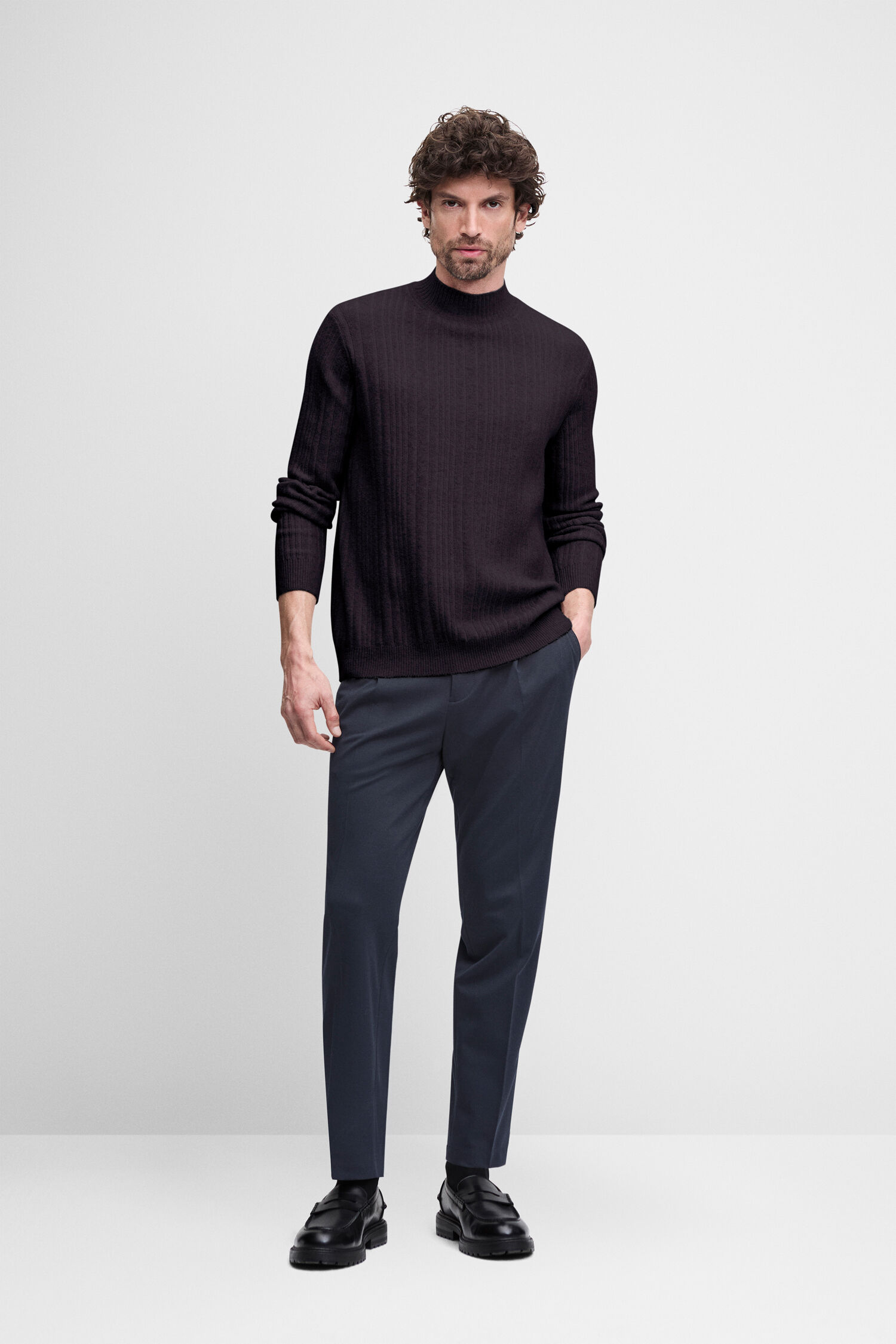 Strickpullover, Rundhals, Rippstrick, Langarm, Dunkelviolett
