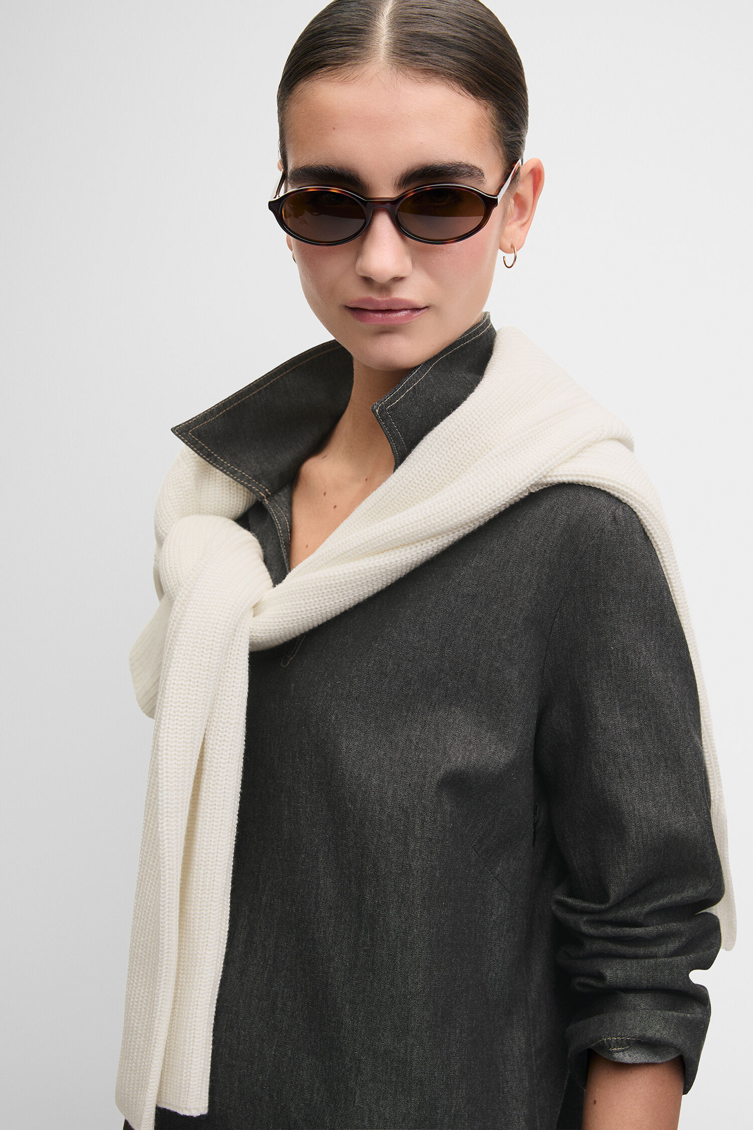 Sunglasses, Dark denim, Scarf, White sweater, Long sleeves