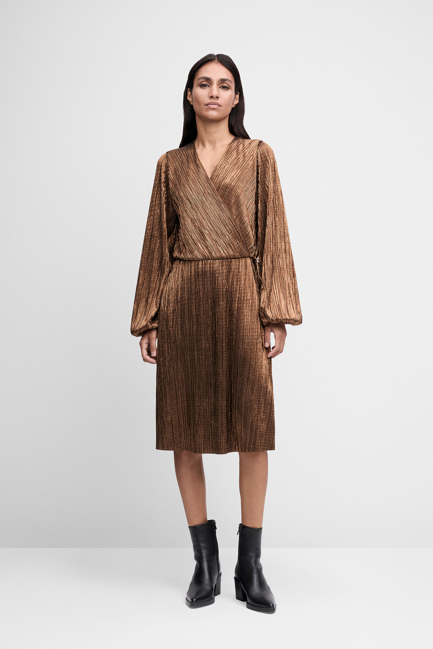 Kleid, Lange Ärmel, V-Ausschnitt, Metallic, Glänzend