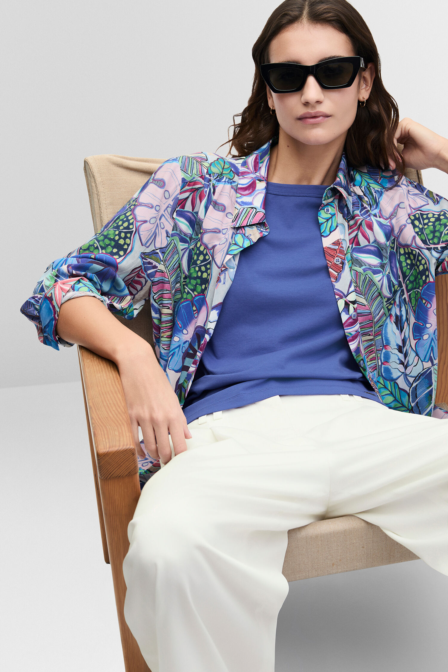 Pflanzenmuster, LässigeBluse, Kragenlos, Sonnenbrille, Oversized-Hemd
