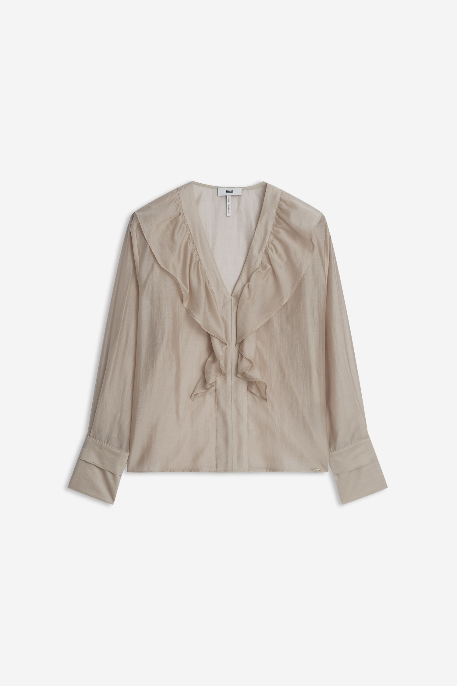 Bluse, V-Ausschnitt, Raffung, Langarm, Beige