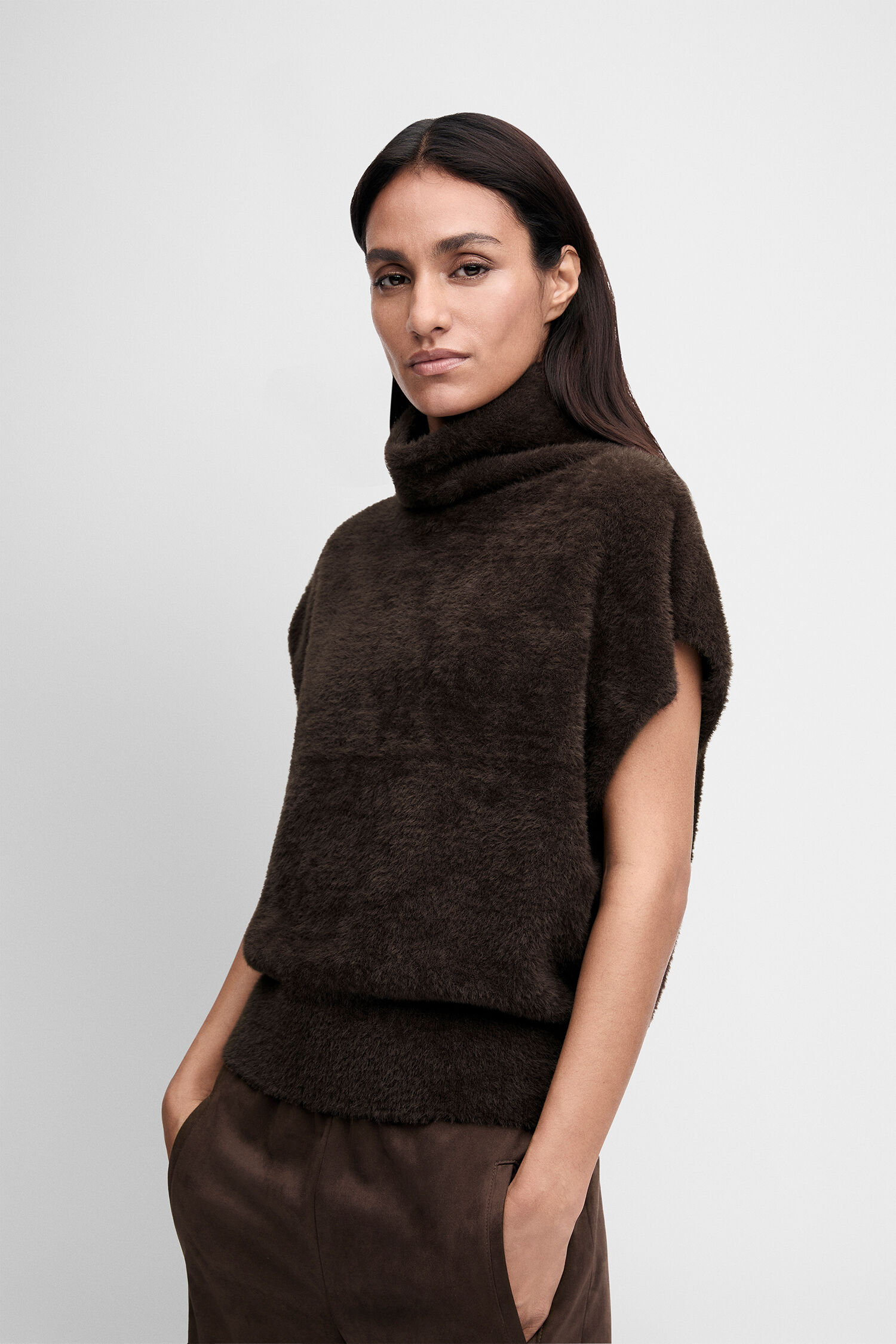 Rollkragenpullover, Wolle, Poncho, braun, Hosen