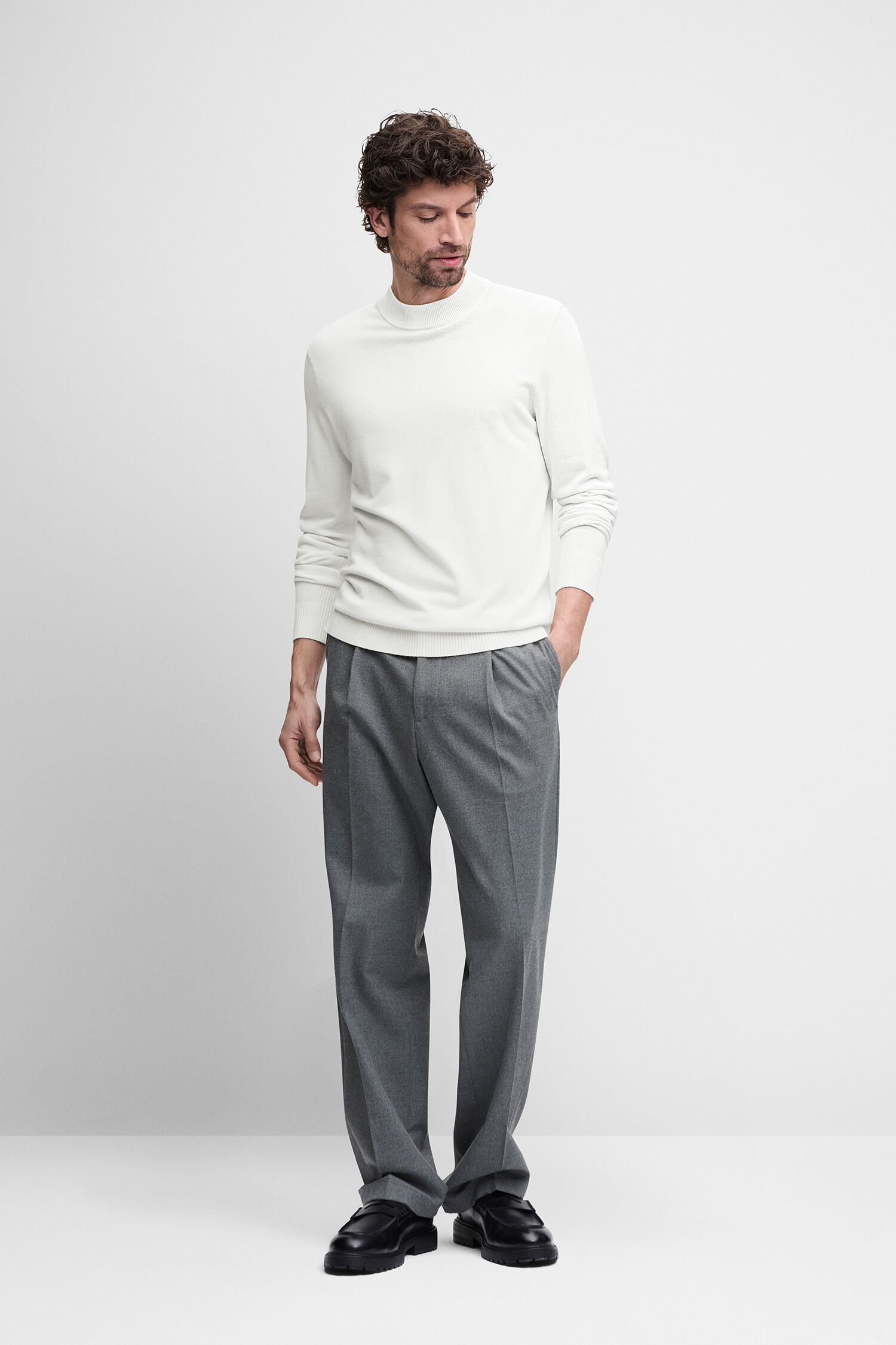 crewneck, sweater, white, knit, trousers