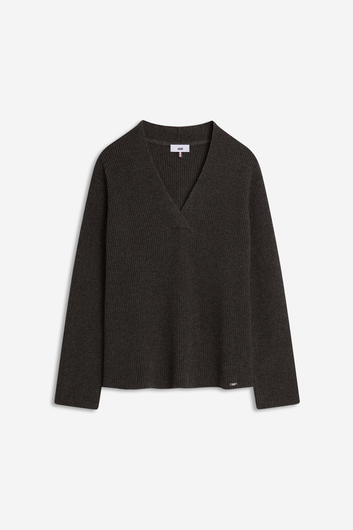 pullover, V-Ausschnitt, Wollstruktur, dunkelgrau, langärmlig