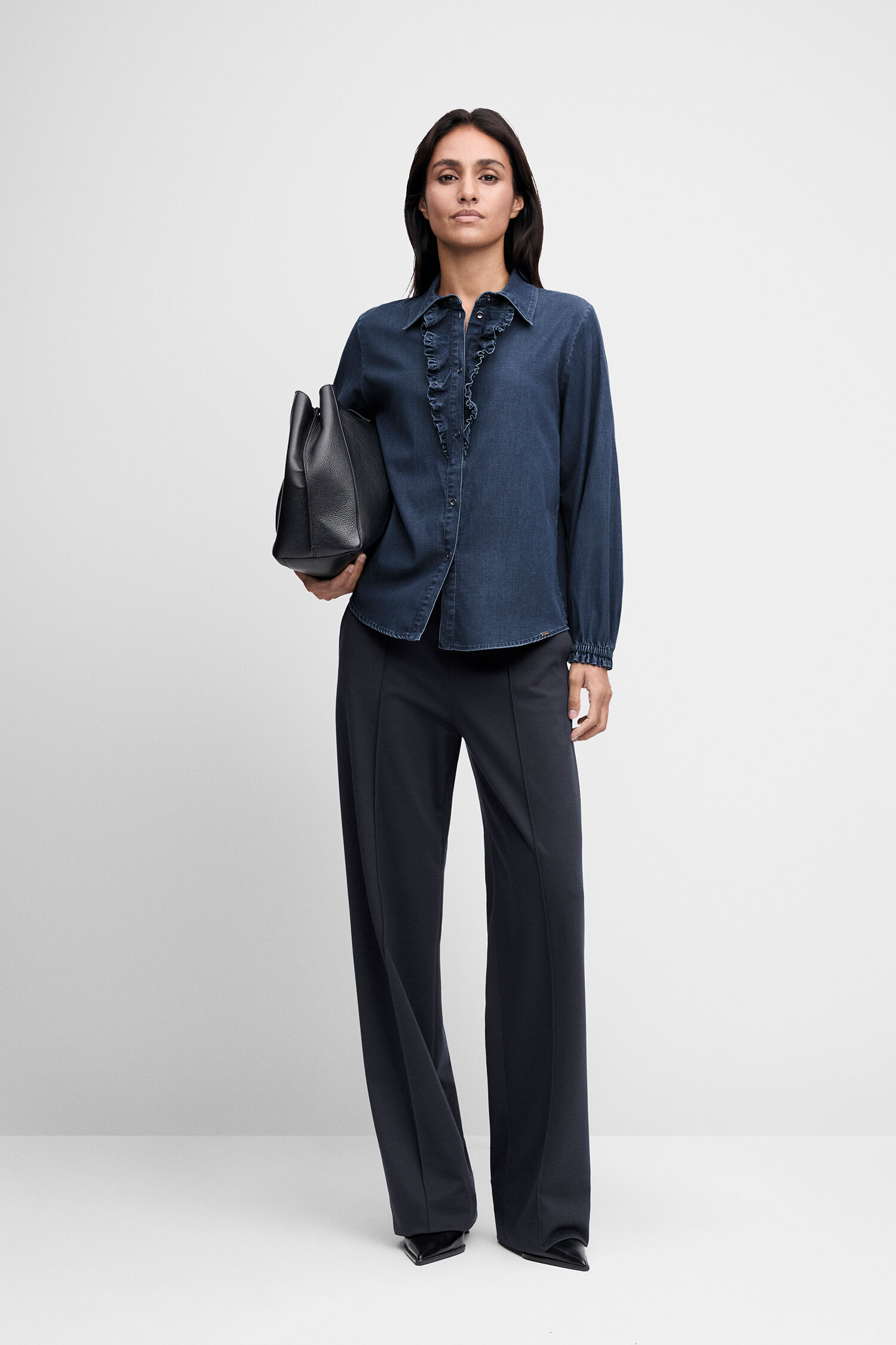 Denim-Bluse, Rüschen-Bluse, Langarm, Jeansblau, Kleidungsset-Ohne Marke