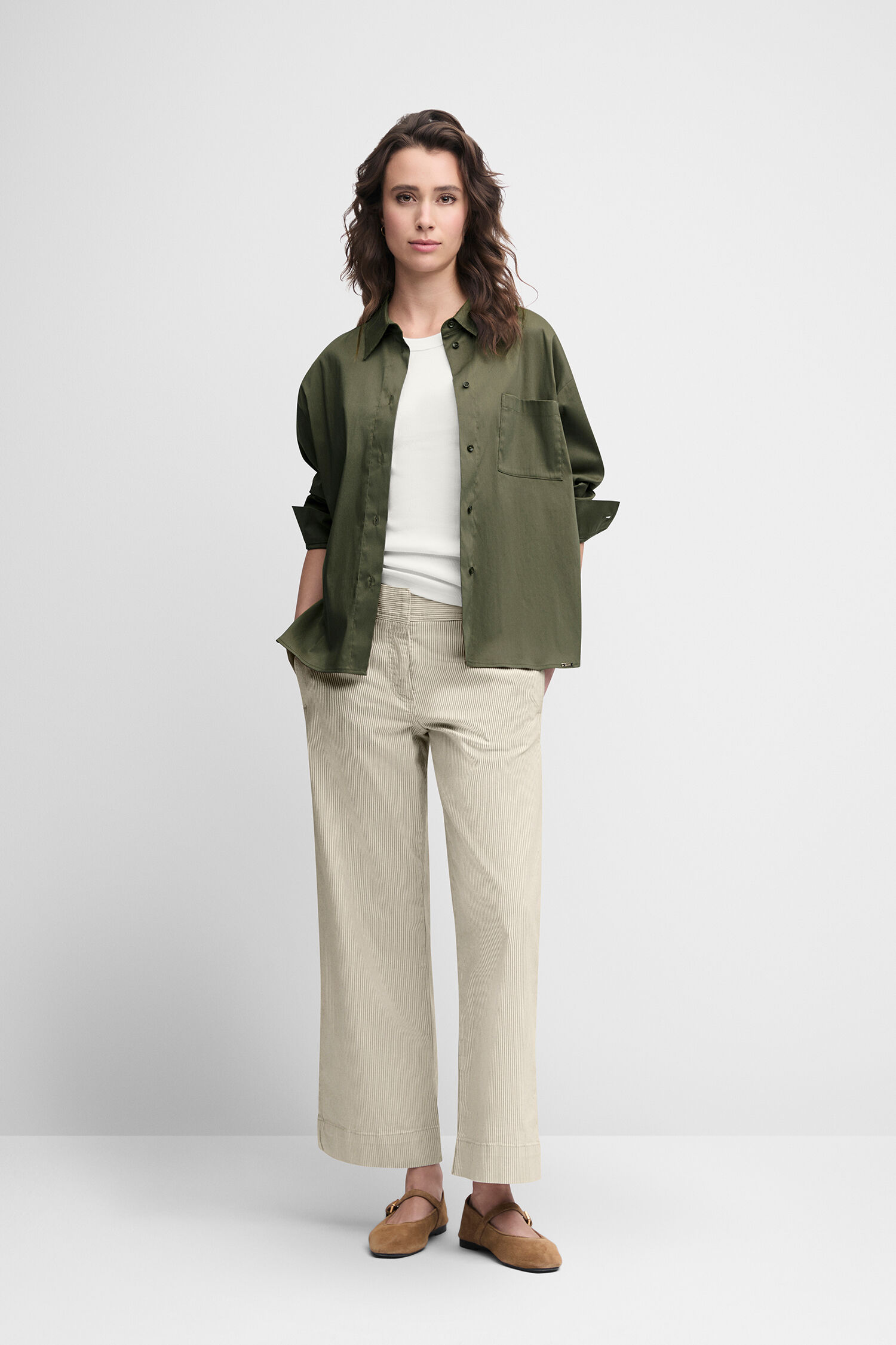 Mantel, Person, Hosen, Jacke, Khaki - beige gestreift