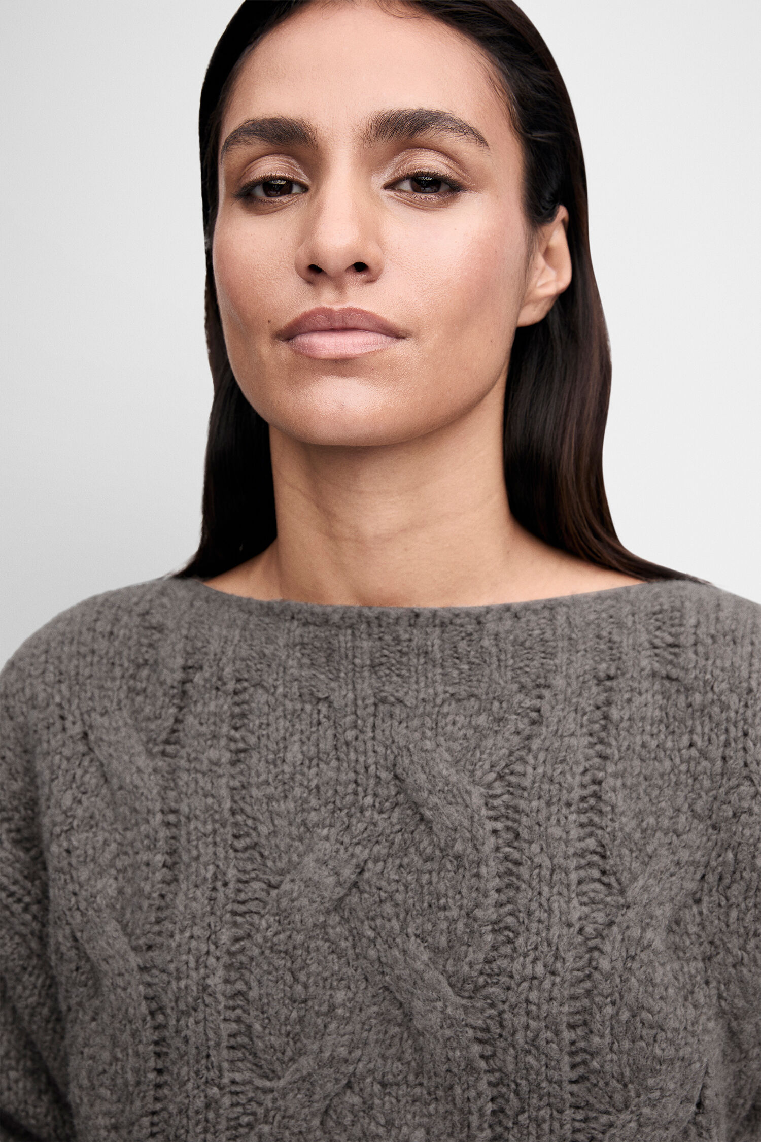 Pullover, Kabelstrick, Grau, Oversize, Rundhals