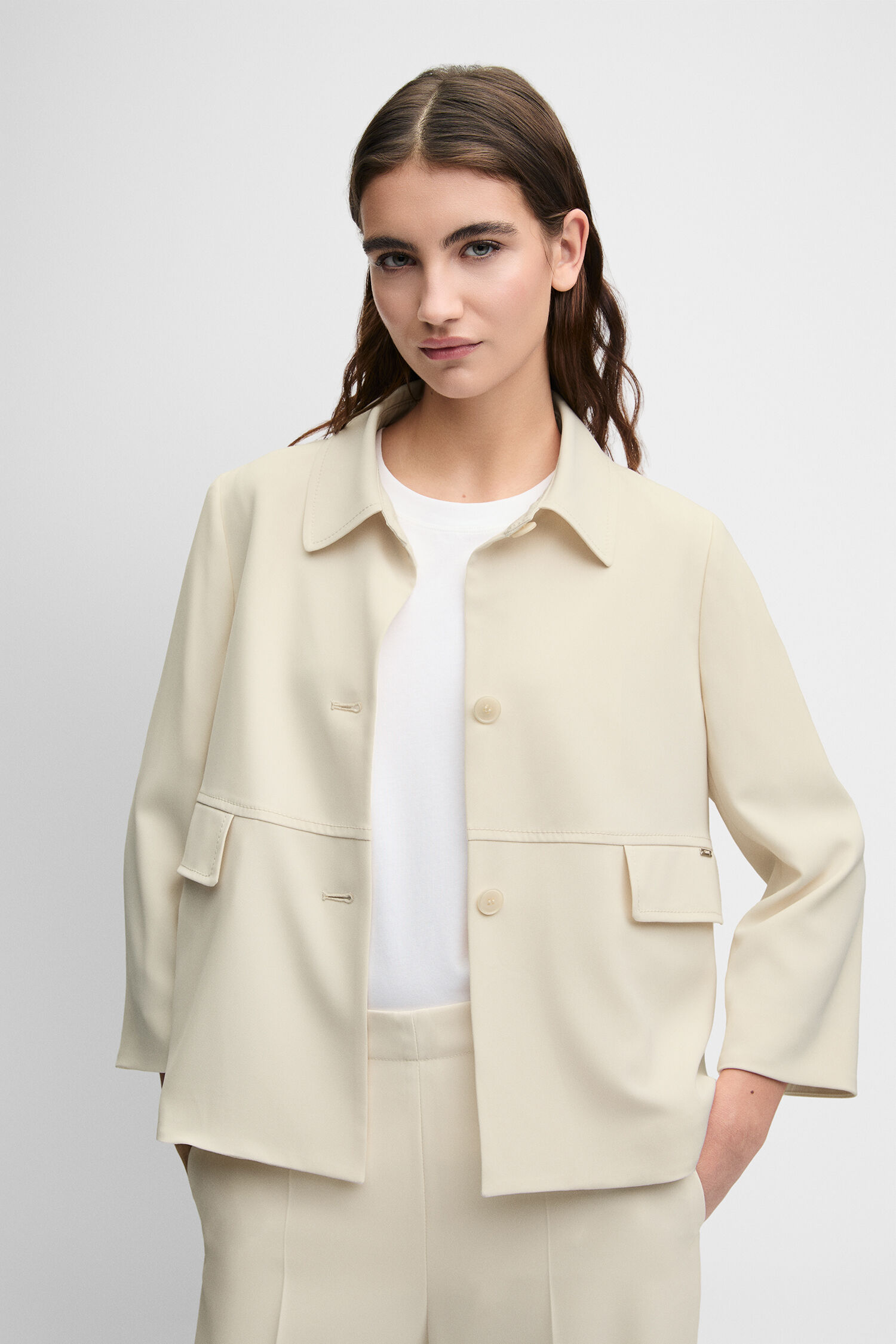 jacke, Beige, Kastenjacke, Knopfleiste, Tasche