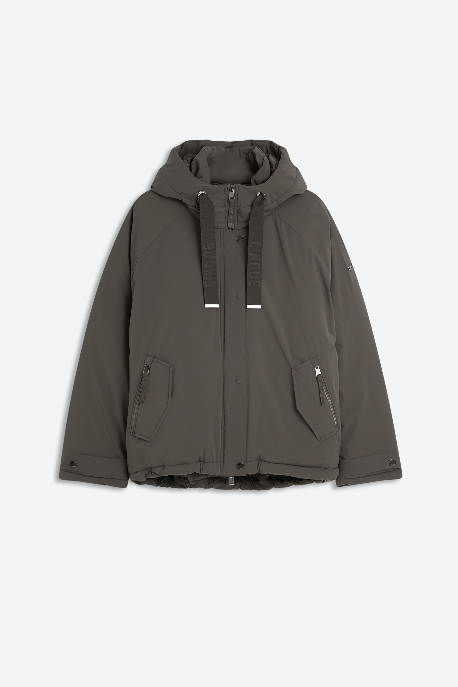 Dunkelgraue Jacke, Winterjacke, Kapuze, Kordelzug, Reißverschlussverschluss, Taschen mit Reißverschluss