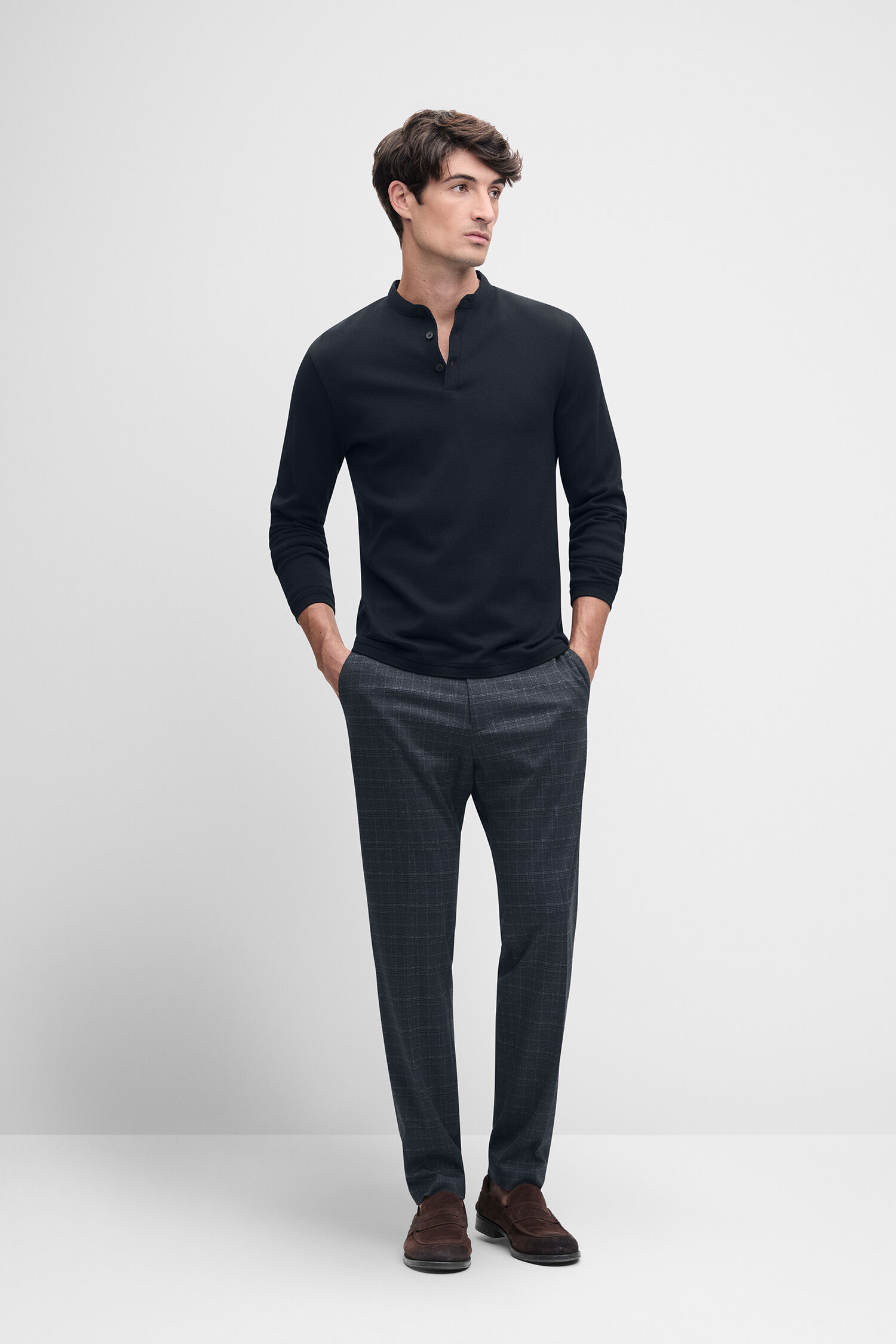Polohemd, Langarmshirt, Dunkelblau, Lange Passform, Halsbandknopf